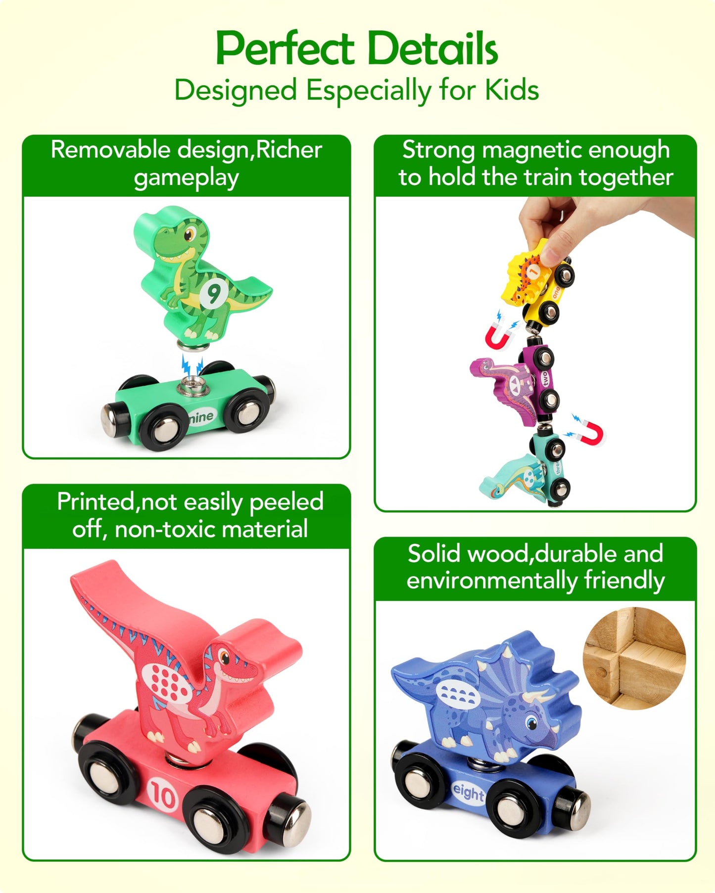 Vanmor Wooden Dinosaur Train Set for Toddlers - Magnetic Dinosaur Toys and Number Train, Montessori and Educational Toys Preschool Learning Activities for Kids, Birthday Gifts for Boys, Girls