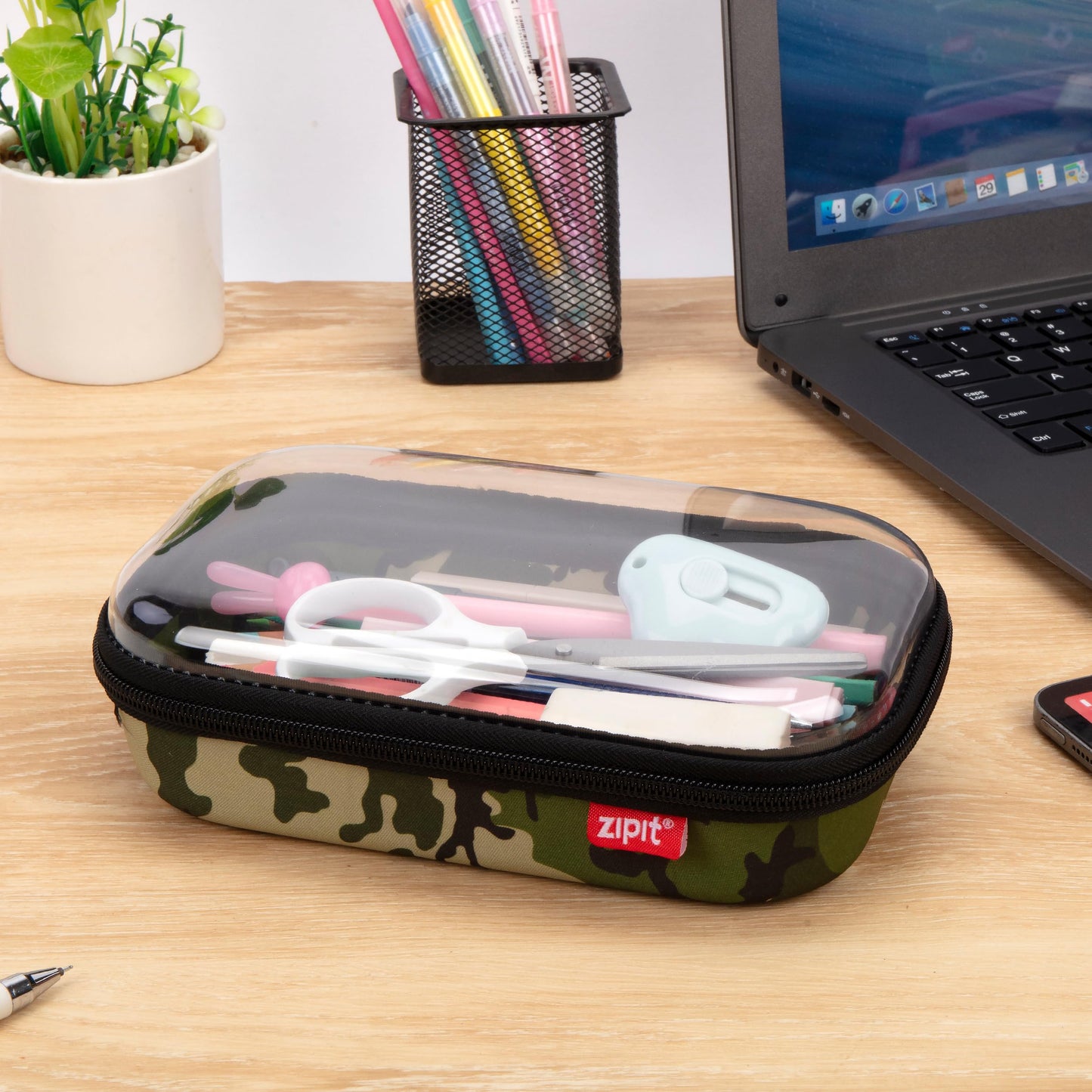 ZIPIT Clear Top Pencil Case for Kids, Durable Pencil Box for School, Large Capacity Stationery Organizer Box, Camo