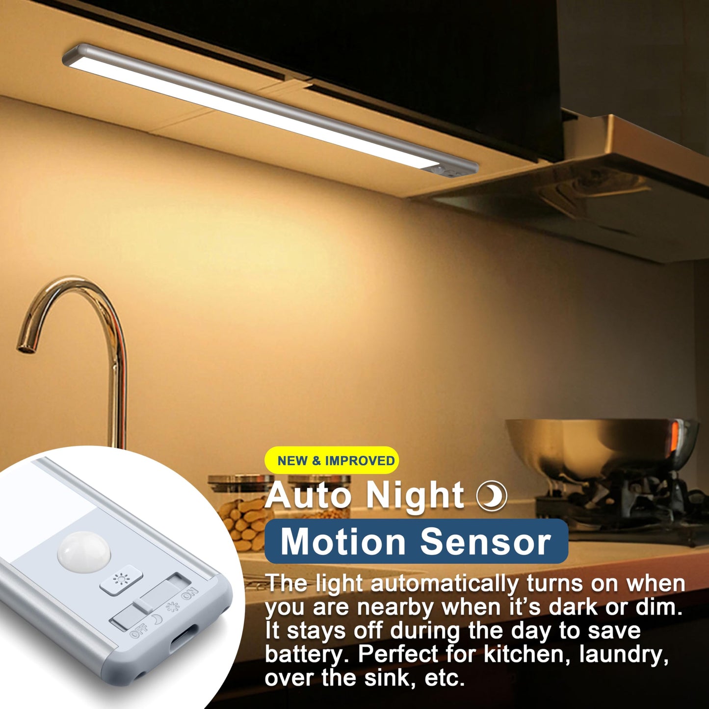 Reoshine LED Closet Lights, Motion Sensor, Dimmable, 14.8 Inch, 6000K Cool White, Rechargeable, Model T63, 2 Pack