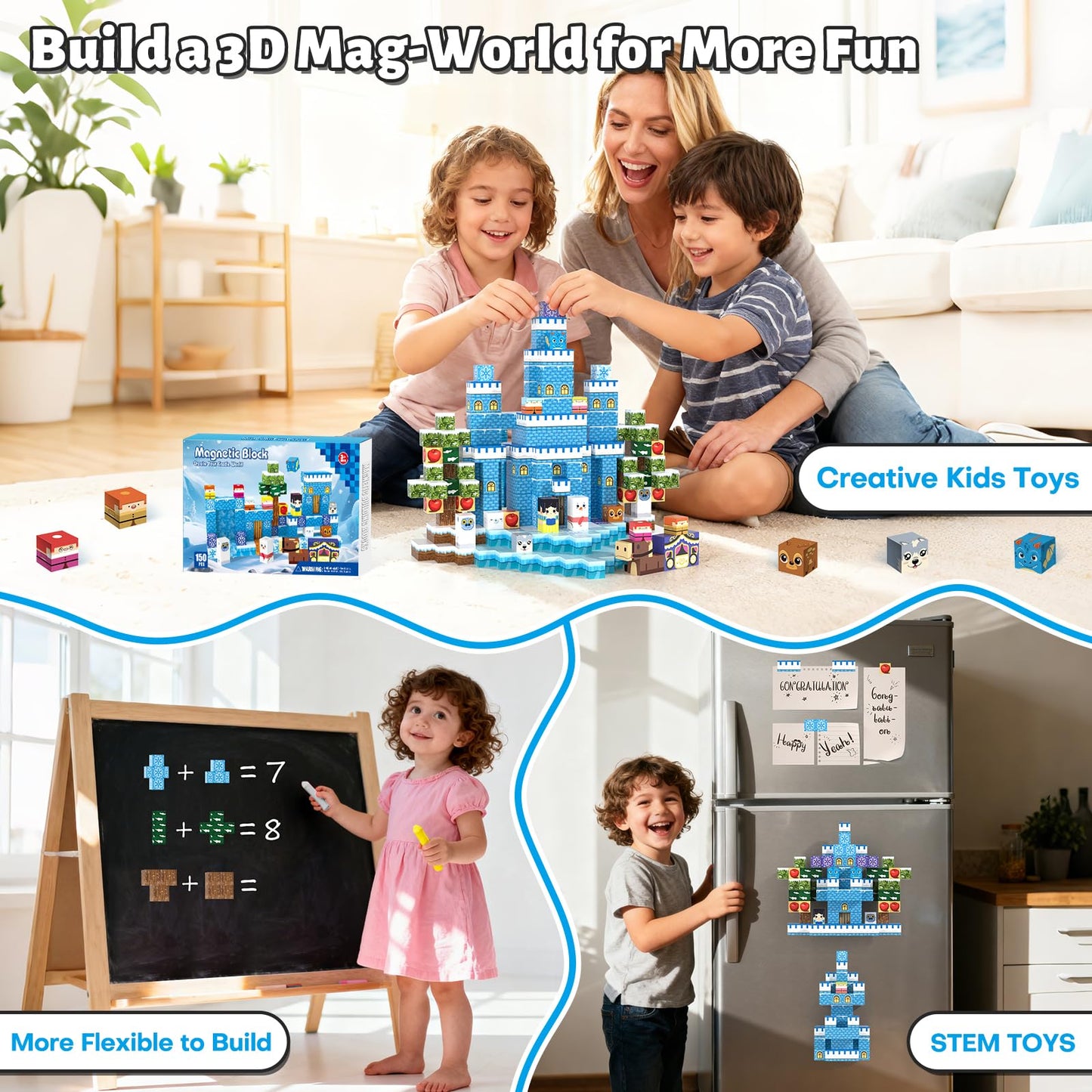 Gryxpox 150pcs Magnetic Blocks, Magnetic Blocks for Kids Ages 4-8, Magnetic Cubes Sets for Ice Castle Worlds Build, Stacking Magnets for Kids, Birthday Gifts for Boys and Girls Age 3+ Years Old