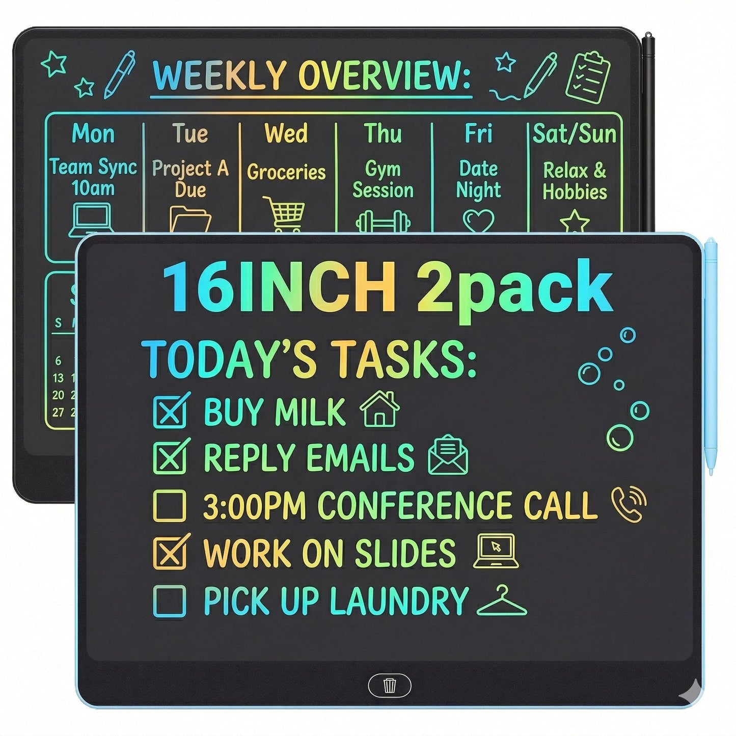 16 Inch LCD Writing Tablet 2 Pack, Large Electronic Notepad for Adults, Reusable Digital Memo Board for Office Desk and Meetings, Erasable Paper Tablet, Battery Operated（Blue & Black