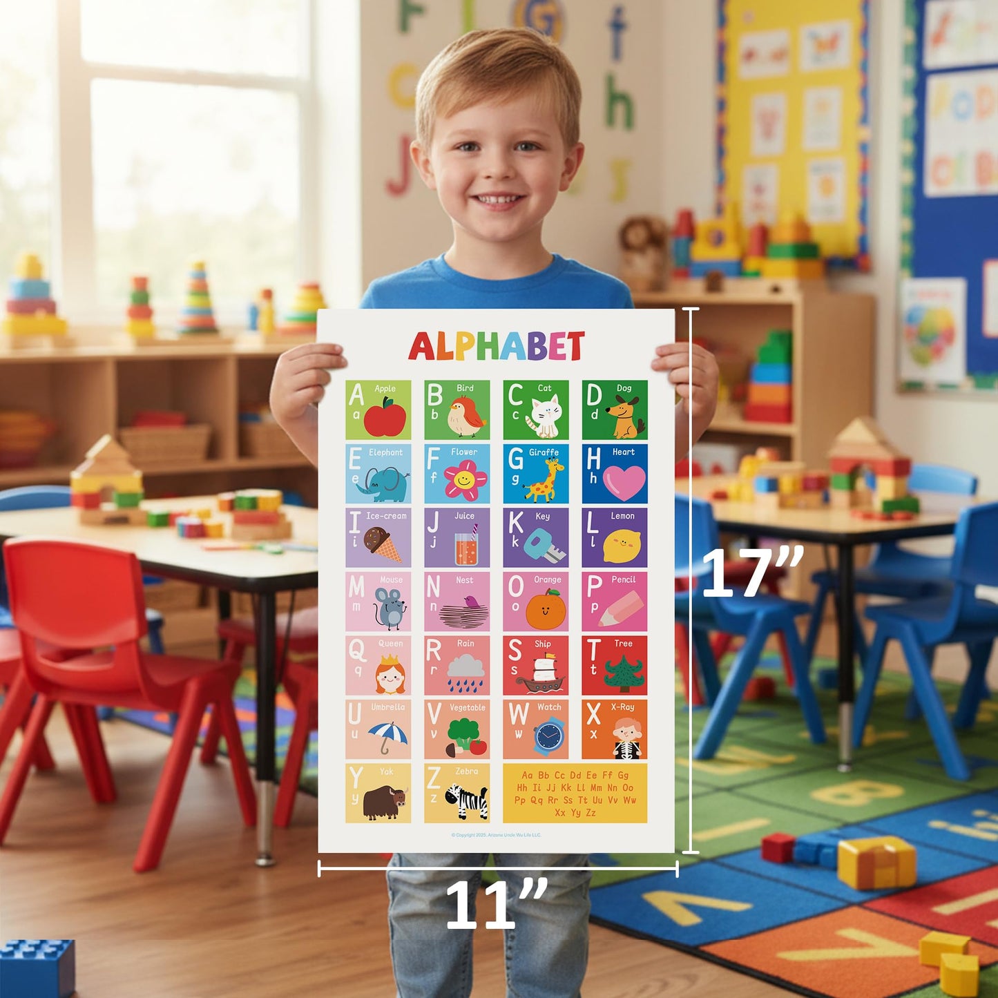 UNCLE WU 16 Pack Laminated Educational Posters for Toddlers, 17 x 11 Preschool Classroom Posters with ABC Alphabet, Numbers 1-100, Shapes, Colors, USA & World Maps, Homeschool Supplies