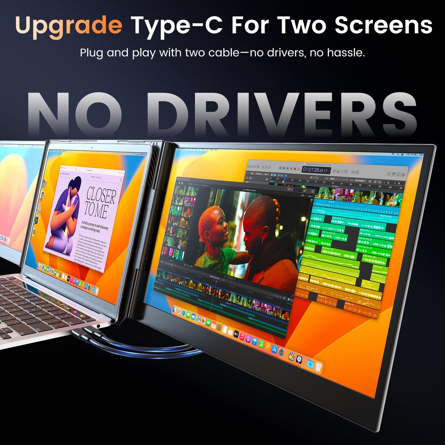 SMISEACOW Triple Laptop Screen Extender 15.6", 1080P FHD IPS 0.18" Ultra-Slim & 3.9 lbs, Plug-Play Portable Triple Monitor for Laptops Fits 13-17.3" Laptops, Compatible with Win/Mac/Android