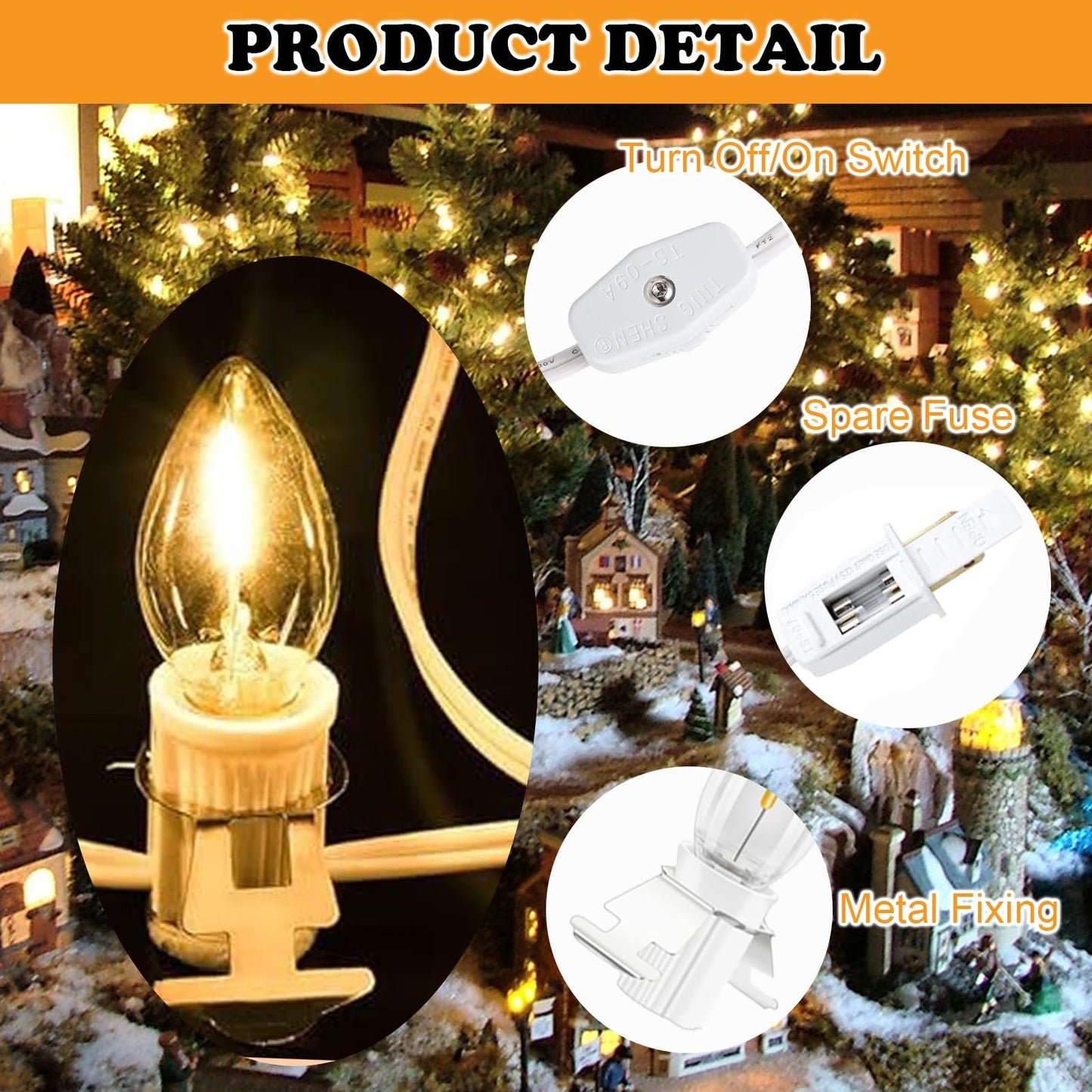 SANJOON C7 Christmas Village String Light, 4 LED Bulbs, 7.8FT White Cord, Copper Material, Includes Spare Fuse, 2PCS