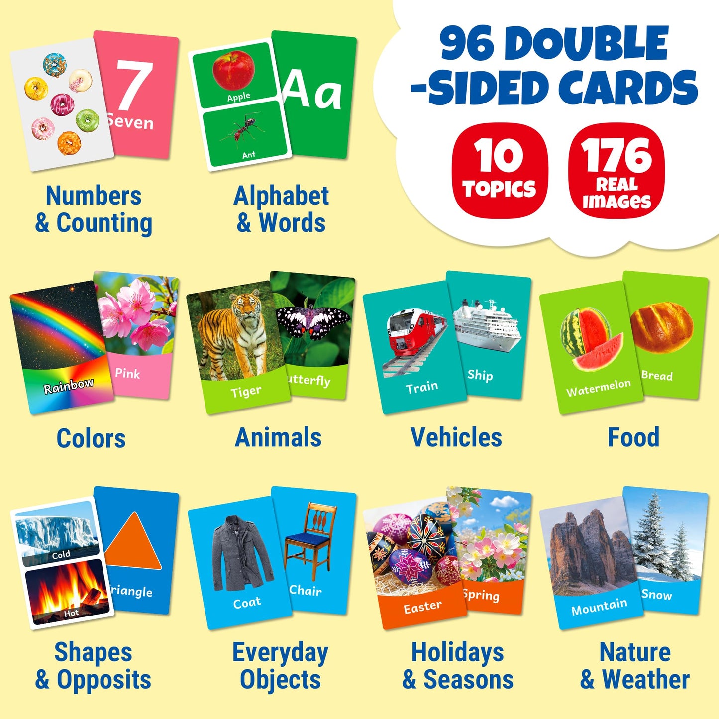 rokt&razo 96 Jumbo Toddler Flash Cards, 10 Topics, 176 Real Images | Alphabet, Numbers, Colors, Shapes & Daily Objects, Fruits - Learning Activities for Ages 1-3, Preschool Educational Tool