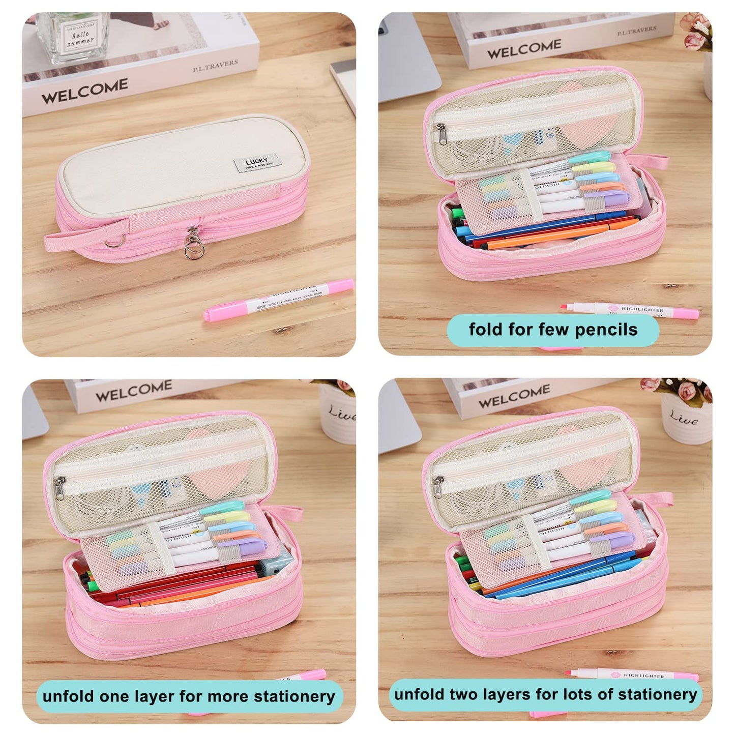 Tergopa Big Pencil Case Zipper Pencil Pouch Organizer Large Capacity Pen Bag with Handle Portable for Girls Kids Adults Gift Pen Case for School Home Office Light-pink