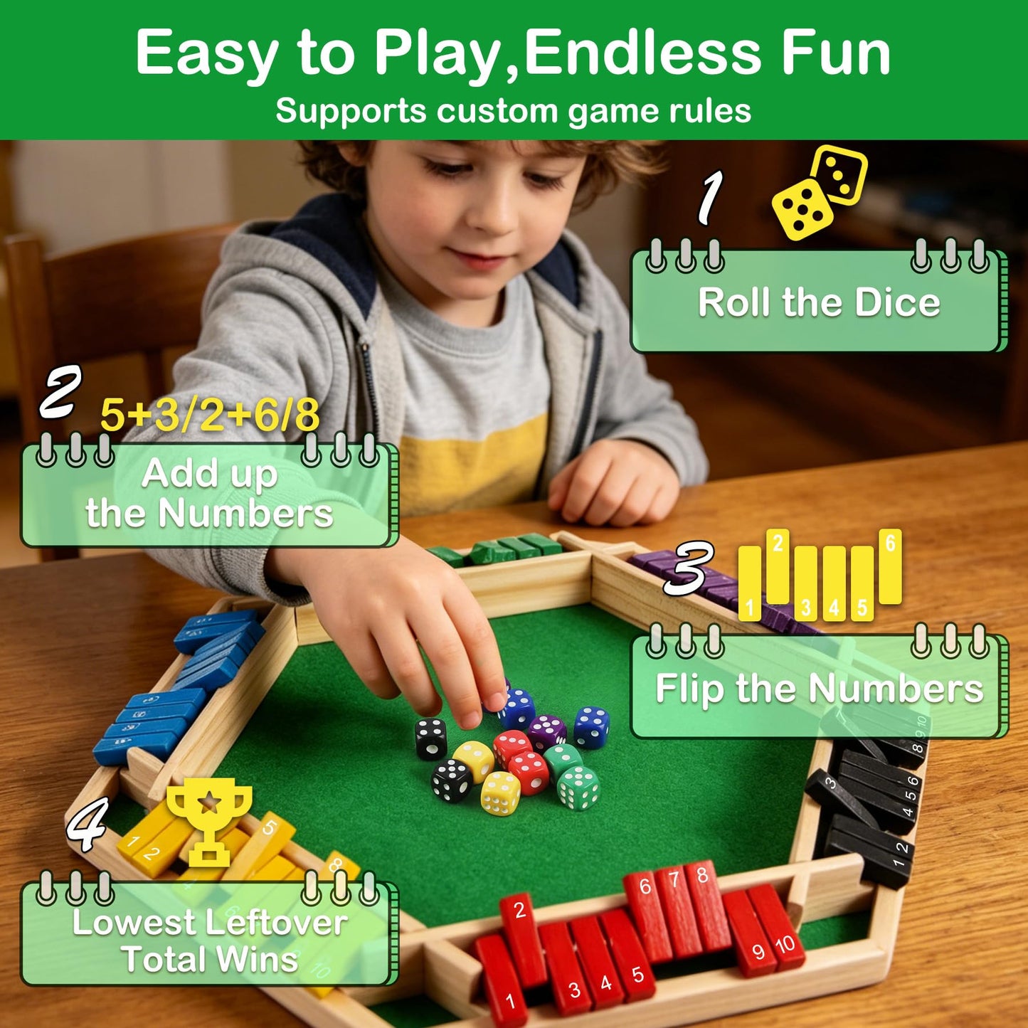 ITOMTE Shut The Box Game Wooden, 1-6 Players Dice Board Game for Adults and Kids, 10 Numbers Math Games - Educational and Entertaining, Classic Table Flip Blocks for Family Game Night