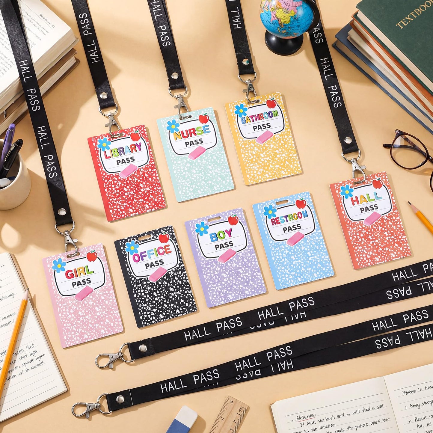 Fuyoooo 16 Set Colorful Composition Notebook Hall Pass Lanyards Unbreakable PVC Rainbow Classroom Passes with Lanyards Bathroom Boy Girl Library Hall Office Nurse Pass 2.4 x 3.5
