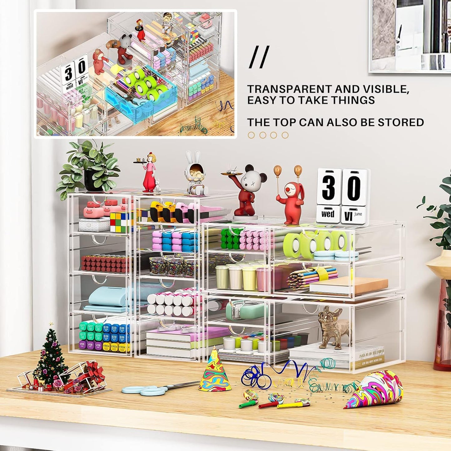 caktraie Makeup Organizer Storage With 16 Drawers, 4 Pcs Desktop Office Supplies, Desk Organizers, Clear Accessories, Dustproof Storage Drawer and for Make Up, Jewelry, Pen, Stationary