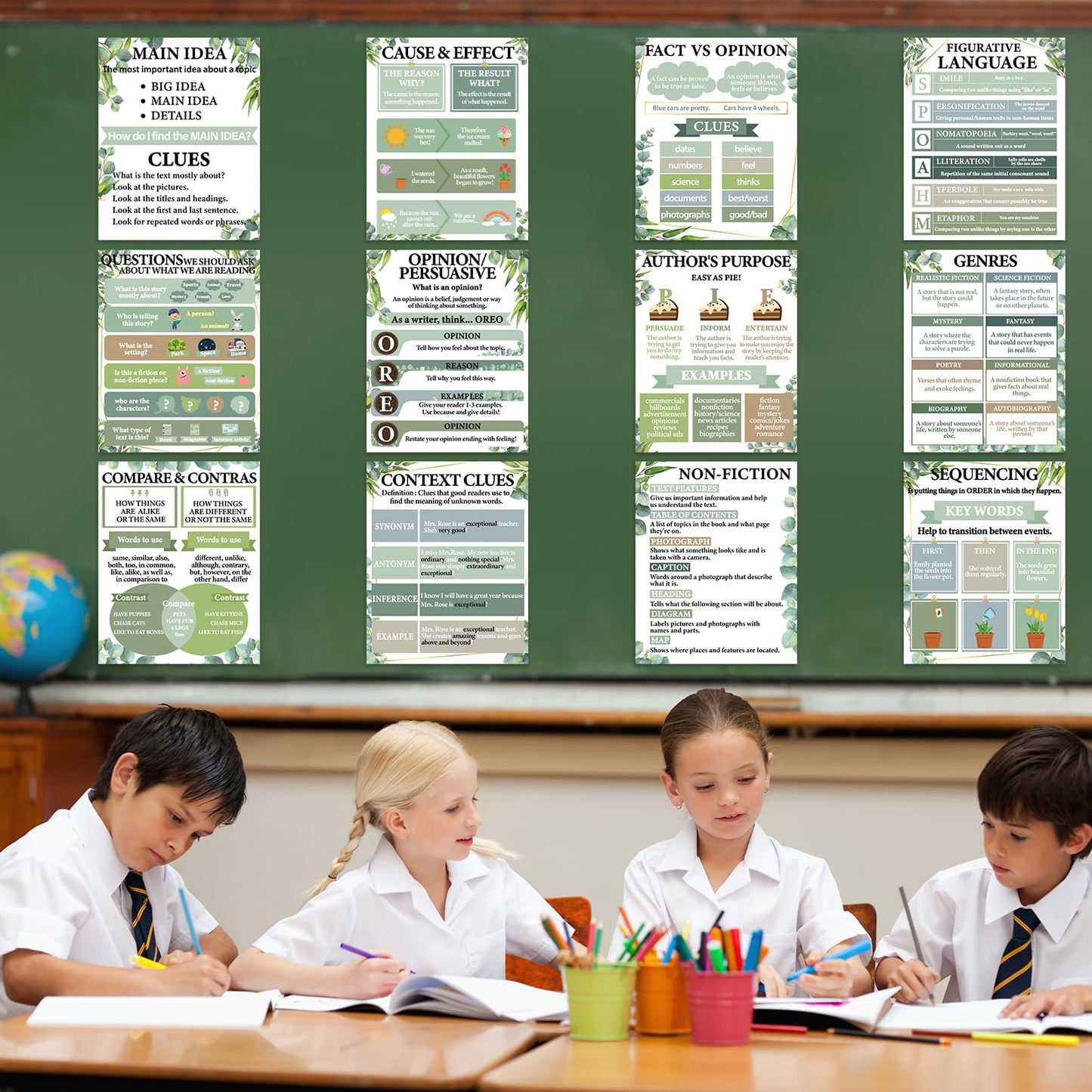 QOUBAI 12pcs Reading Comprehension Classroom Posters Eucalyptus English Language Arts Bulletin Board Chart Decor Reading Corner Poster for Elementary Middle High School Wall Decor Classroom Must Haves