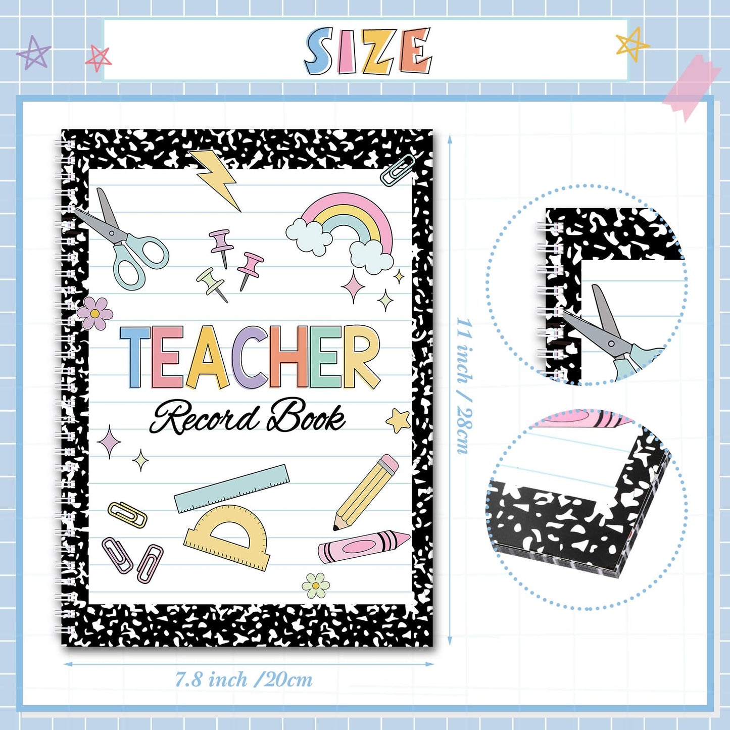 Fuyoooo Teacher Record Book 2026-2027 Teacher Grade Books Spiral Bound Record Planner 2026 Class Grade Book Office Favors for Classroom Attendance Planner Decoration Double Sided(Black, Composition)
