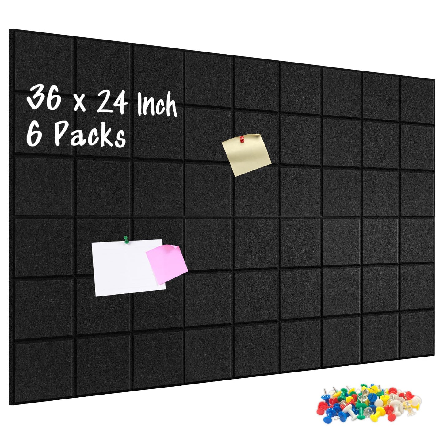 DOLLAR BOSS Felt Cork Board Tiles, 6 Packs 12" x 12" 1/2" Thick Bulletin Board Adhesive Acoustic Panels Soundproof Corkboards for Walls with 60 Pushpins for Home Office Kitchen School, Grid