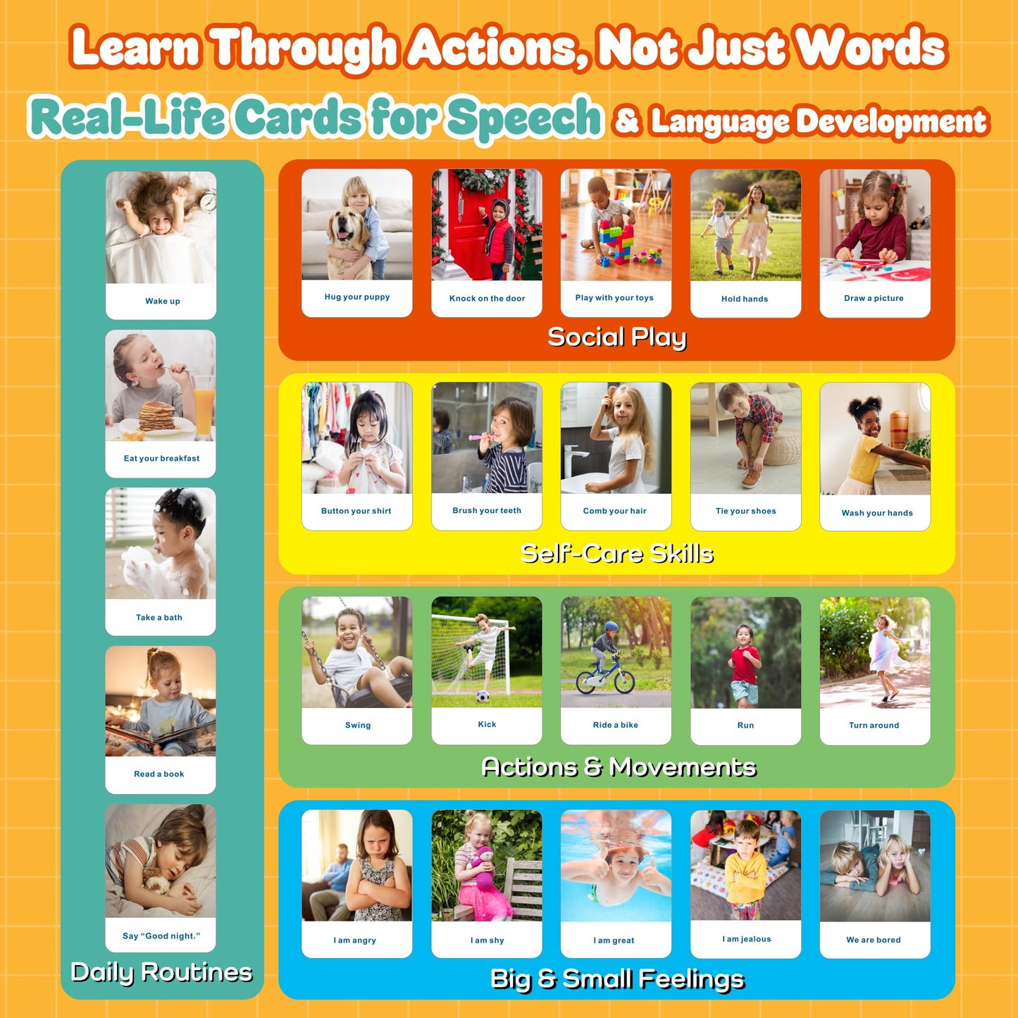 Actions Flash Cards for Kids (Ages 3-7), 50 Real-Life Photo Cards for Speech & Language Development, Based on Total Physical Response (TPR) Learning Approach, Support Daily Feelings