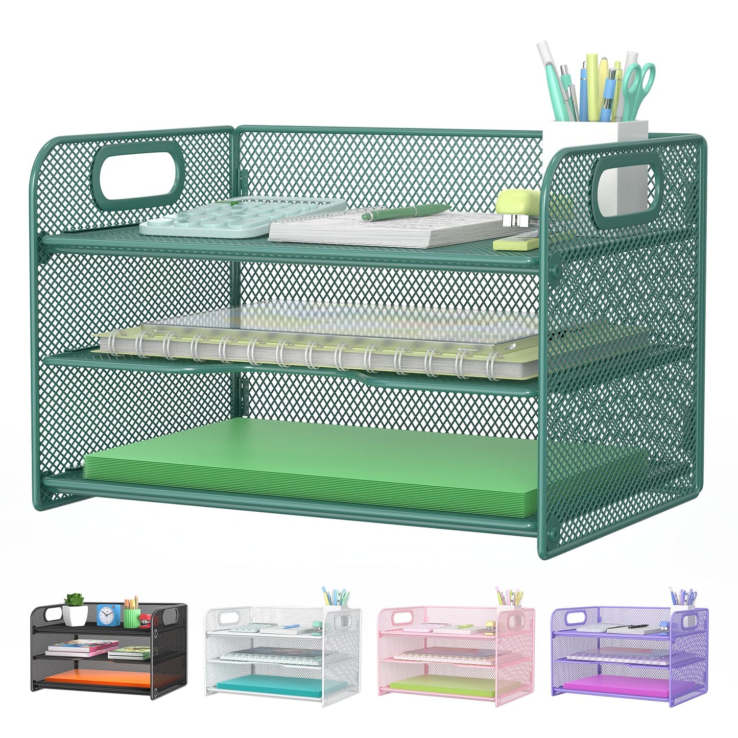 Samstar 3 Tier Green Letter Tray Paper Organizer with Handle, Mesh Desk Organizer Paper Sorter File Rack Shelves, Green