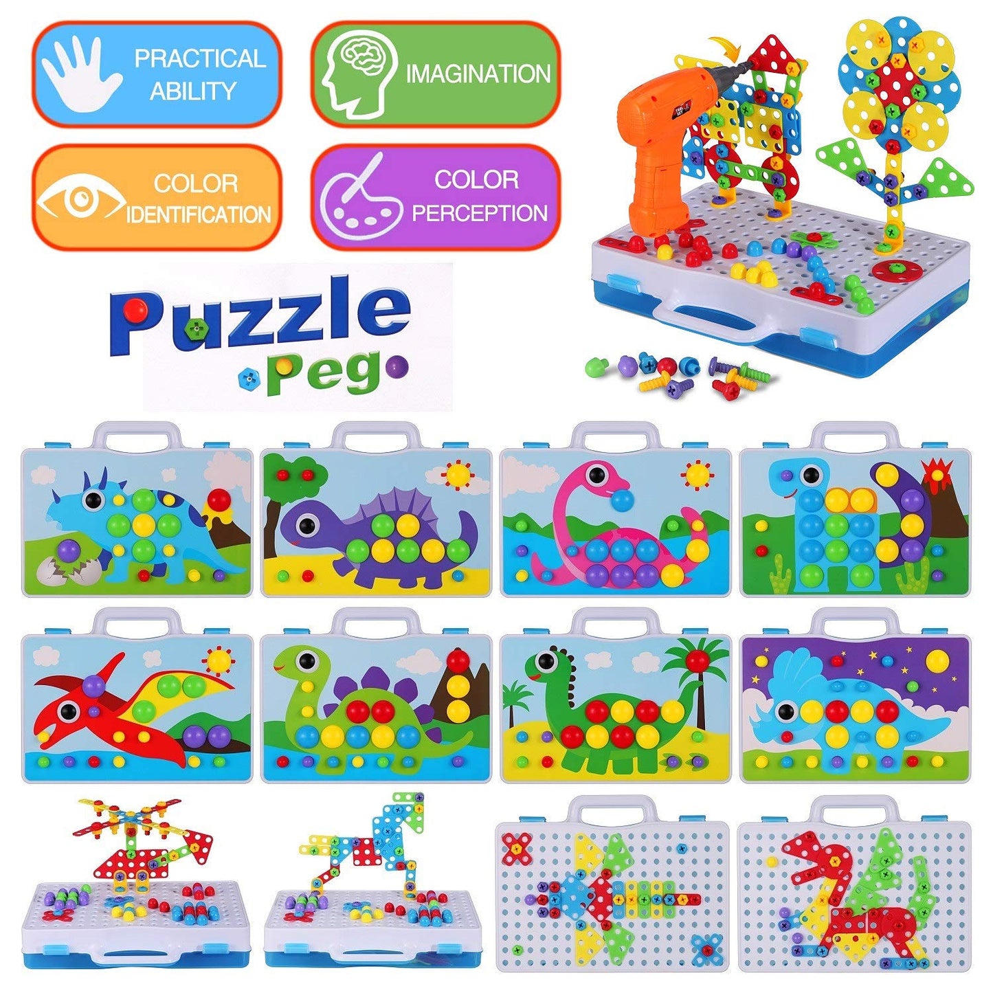 224 PCS STEM Building Toys for Kids Ages 4-8, Creative Mosaic Drill Set with Electric Drill & Screwdriver, 2D/3D Building Blocks Kit, Educational Birthday Gift for 5 6 7 8 9 10 Year Old Boys Girls
