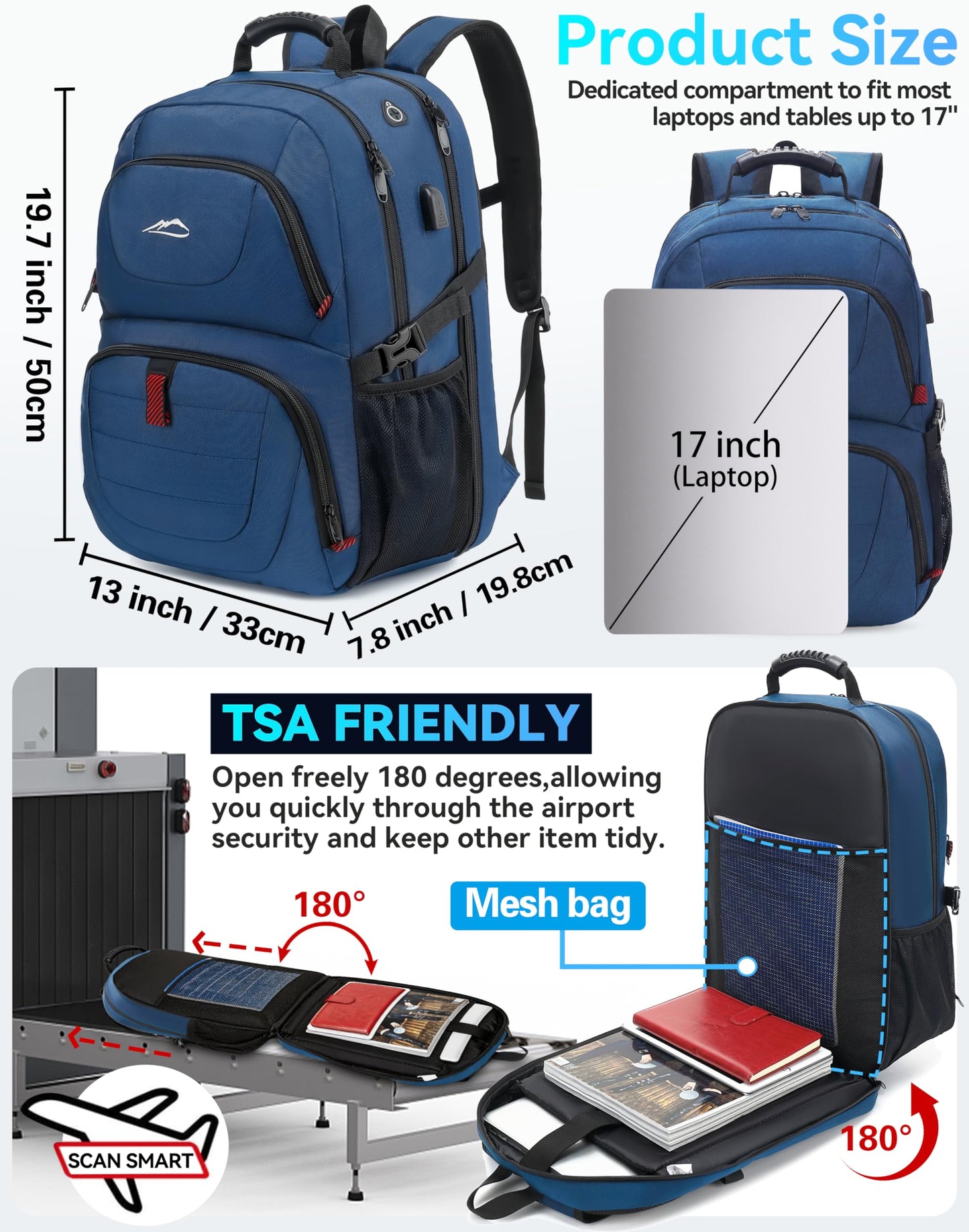ProEtrade Travel Backpack, Extra Large Laptop Backpack Business Anti Theft TSA Approved College Work Computer Bag Fits 17 Inch Laptop with USB Charging Port for Women Men(Blue)