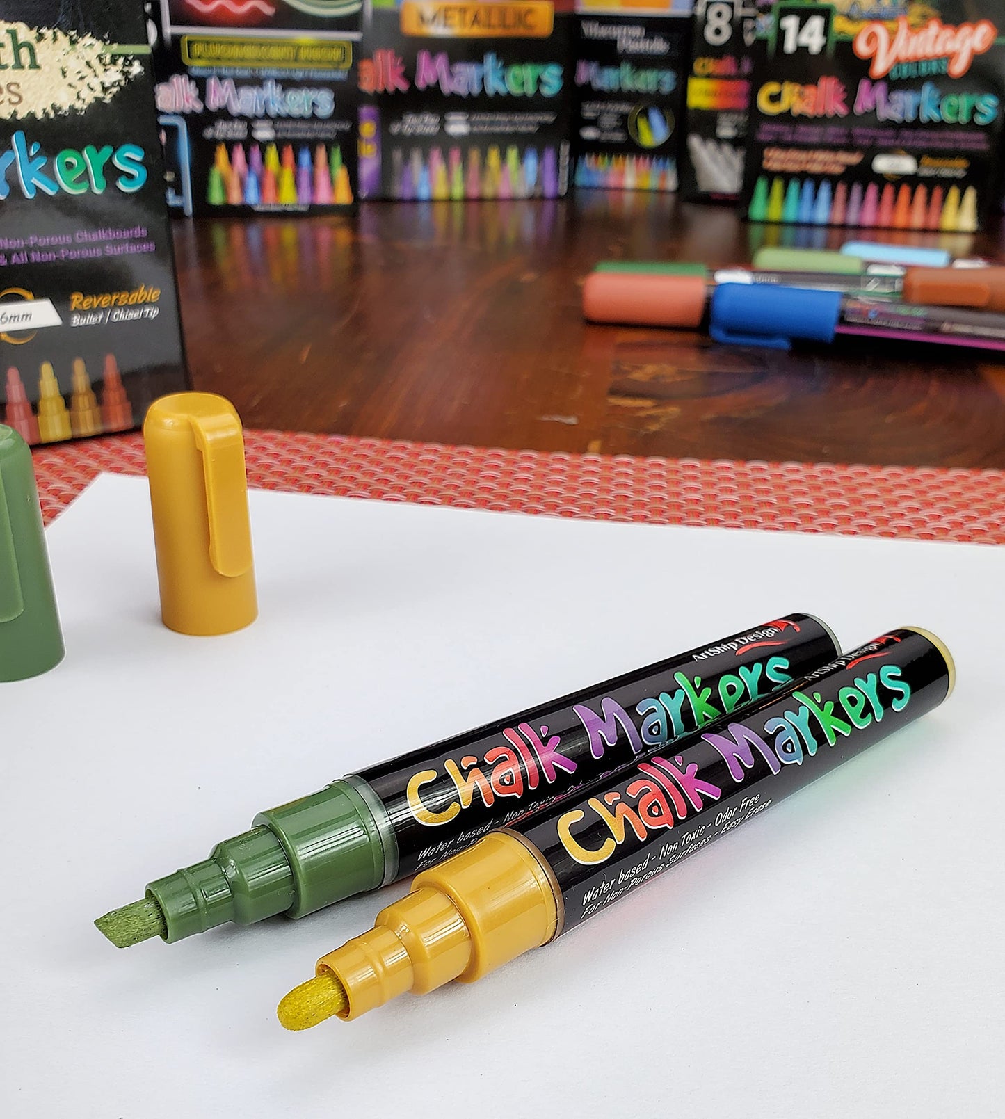 12 Earth Tone Chalk Markers Double Pack of Both Fine and Reversible Medium Tip Liquid Chalk Pens Wet Erasable - Menu Boards, Glass, Windows, White Boards, Classrooms, Mirrors, Plastic, Metal
