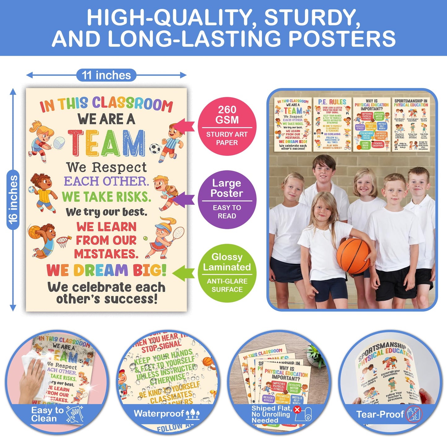 Lalunia 4 Pcs Classroom Exercise Posters (11x16) - Physical Education Class Rules Poster Decoration, Welcome to P.E Wall Art, Kids Workout Activity, Sports Education Supplies for PE Teachers