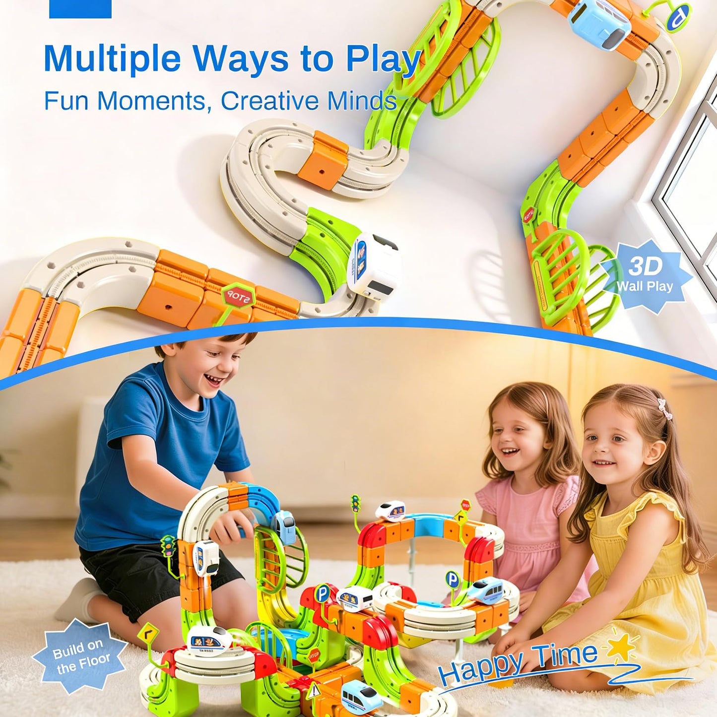 LWuuywa Electric Train Set for Kids, 242Pcs DIY Cube Track Block Toy with Traffic Signs, Gravity-Defying Motorized Trains Tracks Toys for Boys Girls Ages 3+, STEM Learning Fun Gift