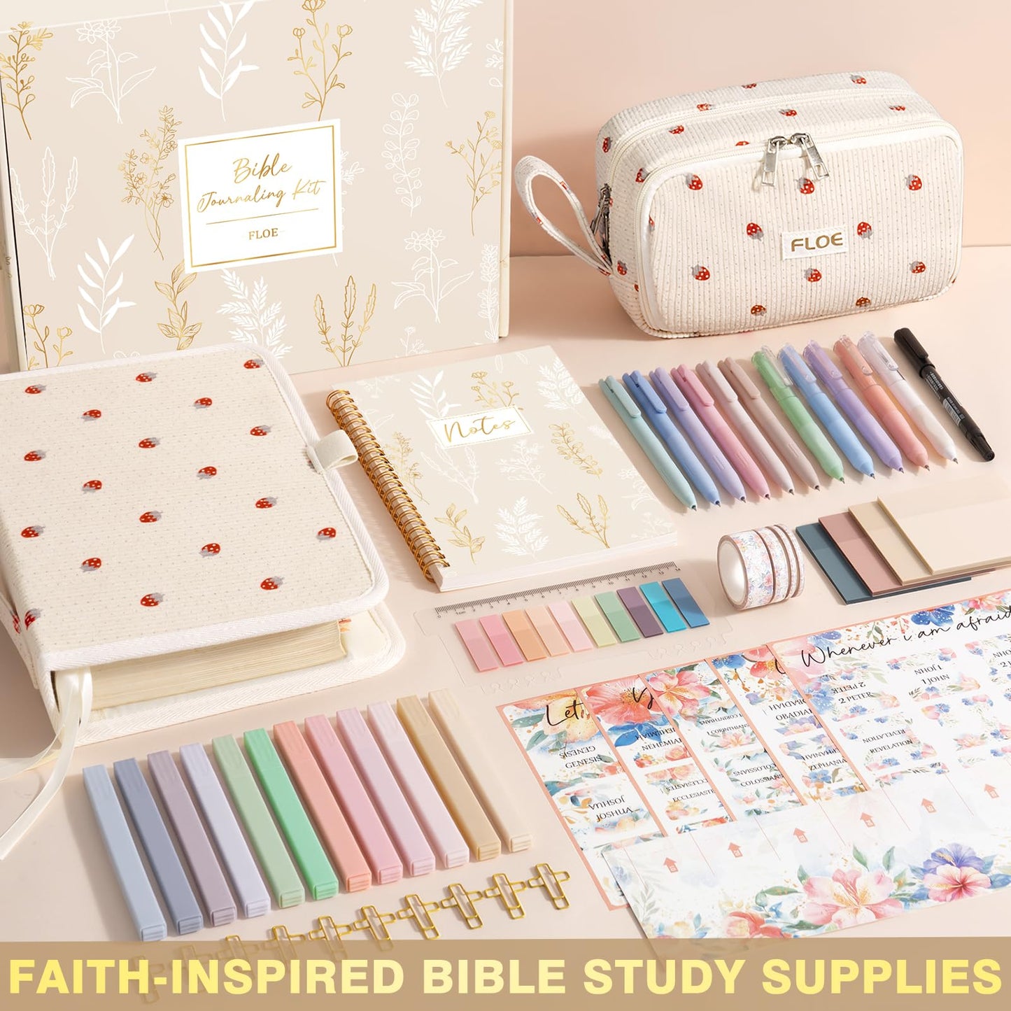 Bible Study Supplies Journaling Kit for Women with Bible Cover Case, Christmas Christian Gifts for Women Mom, Bible Study Tools Accessories Set w/Highlighter Pen, Pencil Case Notebook Annotation Kit