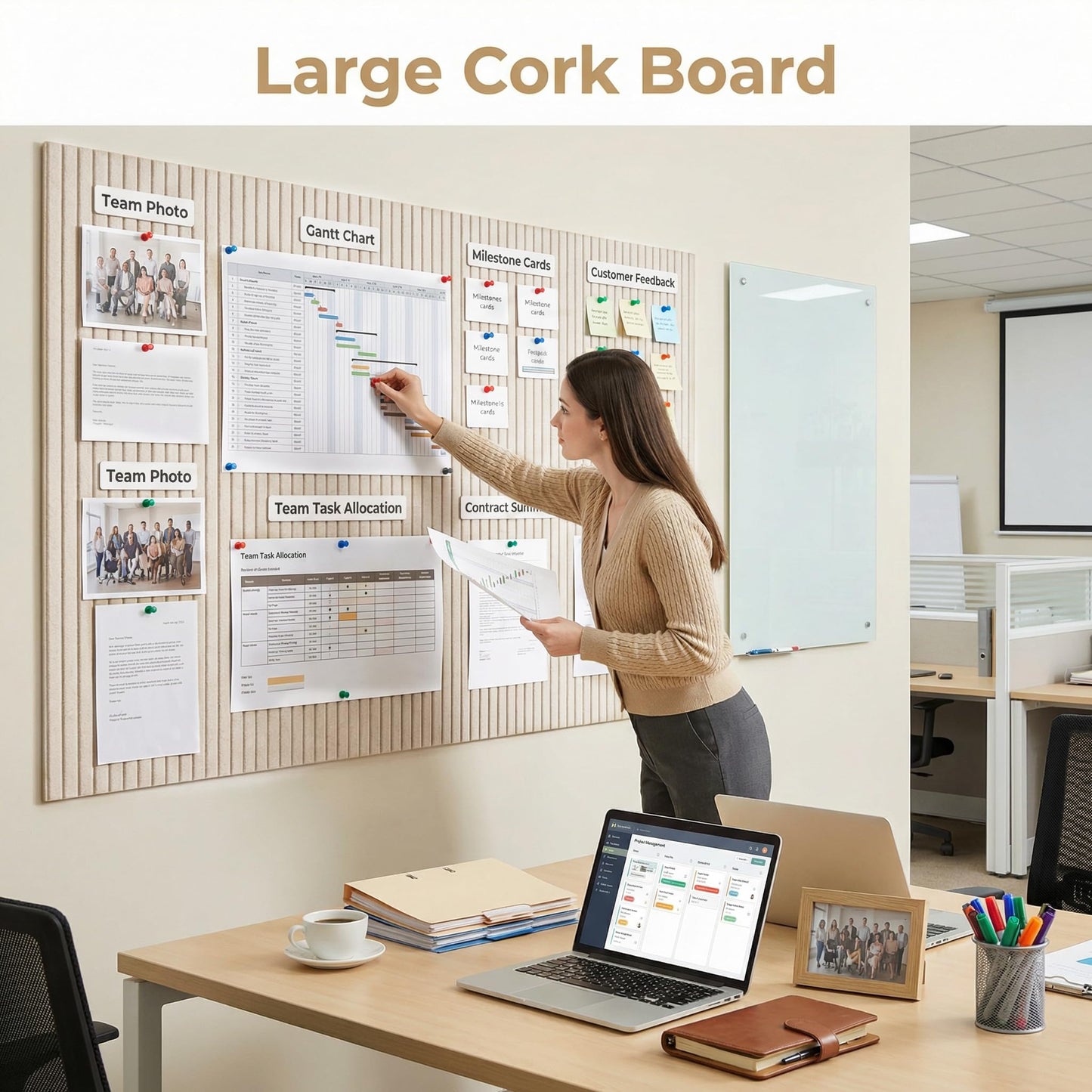 AHEONLAR Felt Bulletin Board 36" x 24", Cork Boards for Walls, 6 Pack Bulletin Board Large Cork Board for Office, Felt Boards with 40 Safe Removable Adhesive Tabs Pin Board for Home(Light Beige)