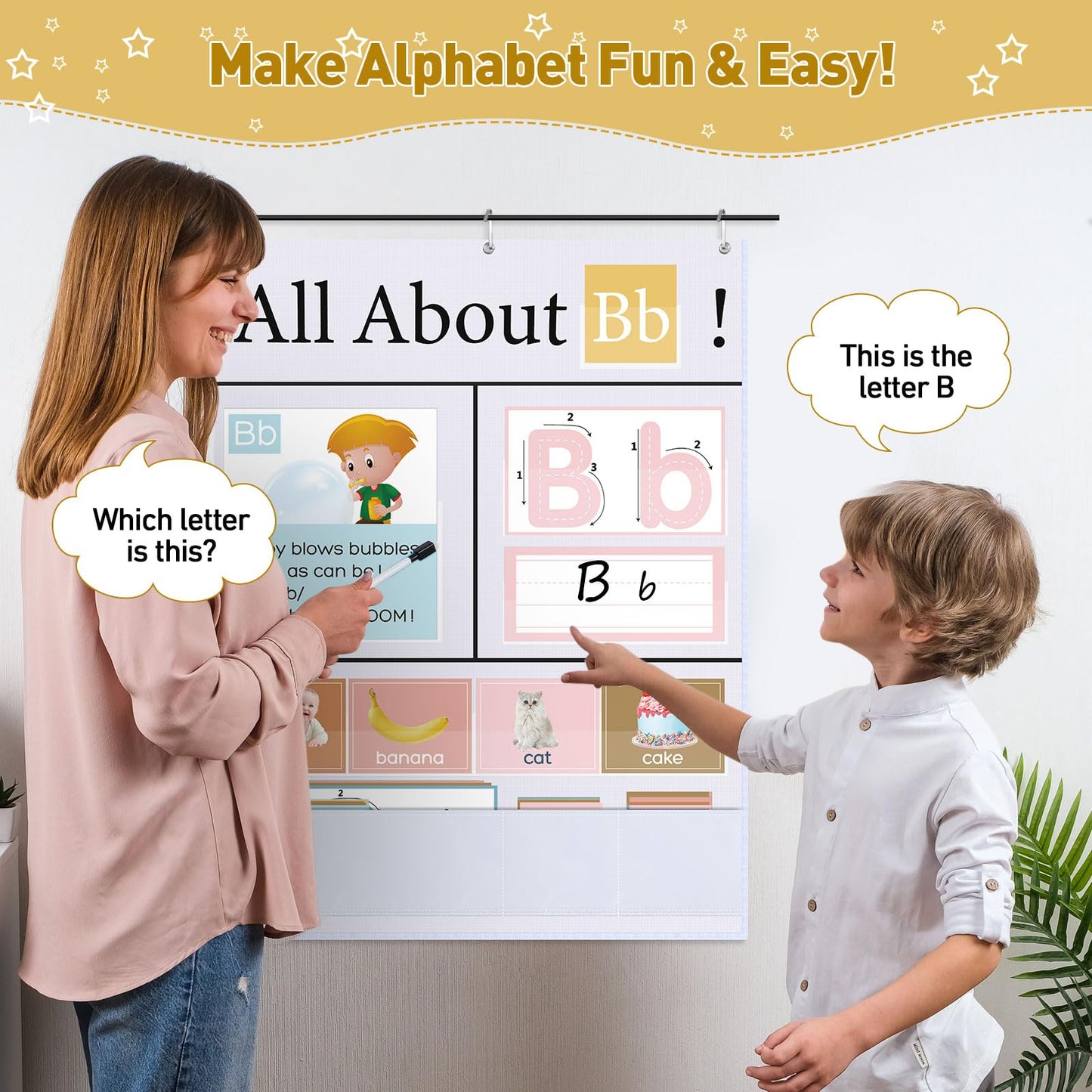 Blosssound 34 x 27 All About Letter Pocket Chart 103 ABC Flash Cards Letter of The Day Week Chart Alphabet Tracing Educational Wall Poster Teachers Homeschool Learning Activities(White)