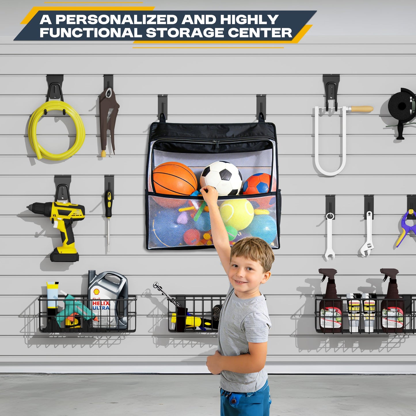 35Pcs Slatwall Accessories Kit, with Slatwall Hooks, Baskets, Shelves, Bins, Heavy Duty Slat Wall Accessory for Garage Organization, Workshop & Utility Room