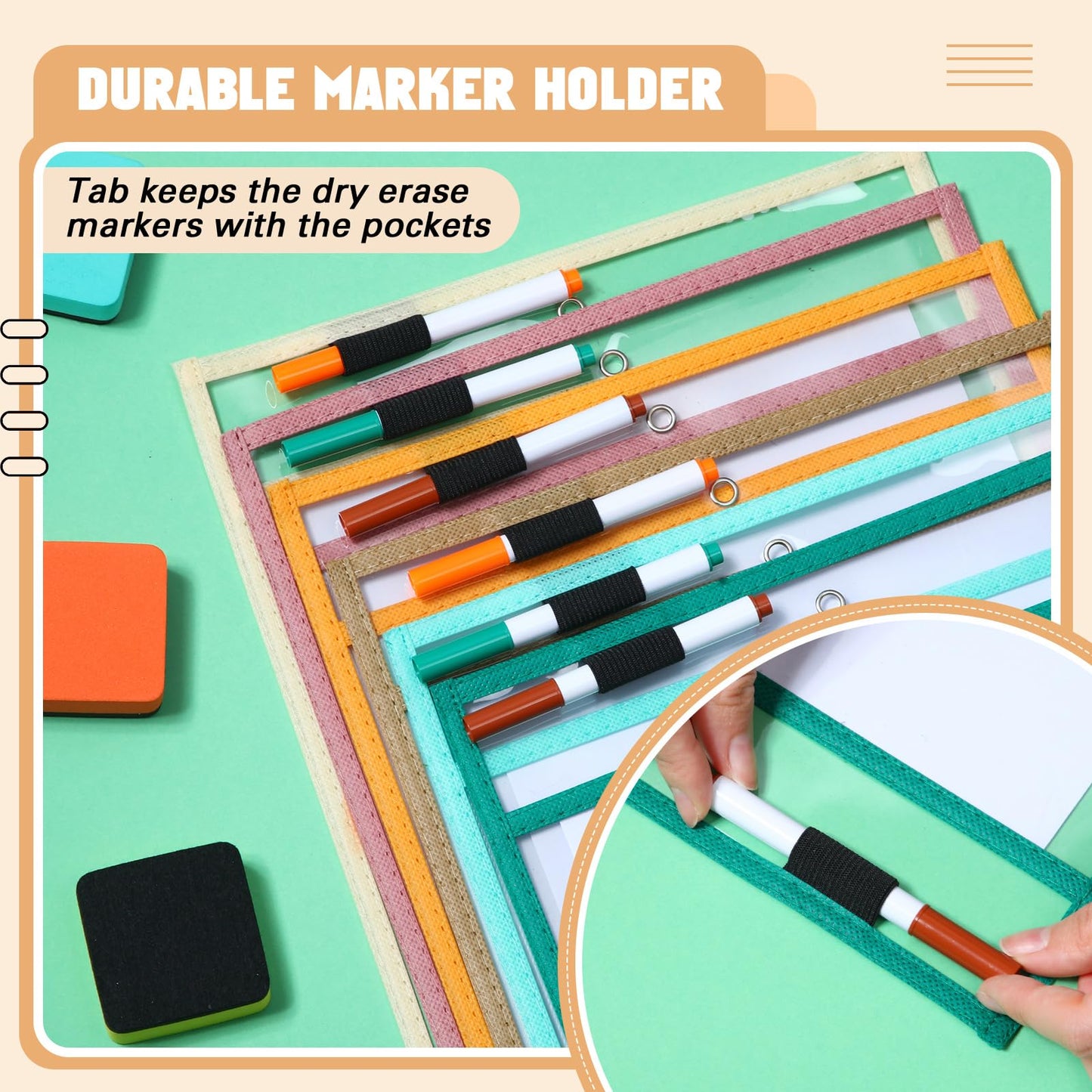 Watersay 24 Pcs Dry Erase Pocket Reusable Sleeves 10" x 14" Clear Plastic Sheet Protectors with Markers and Mini Dry Erasers for Paper(Boho)