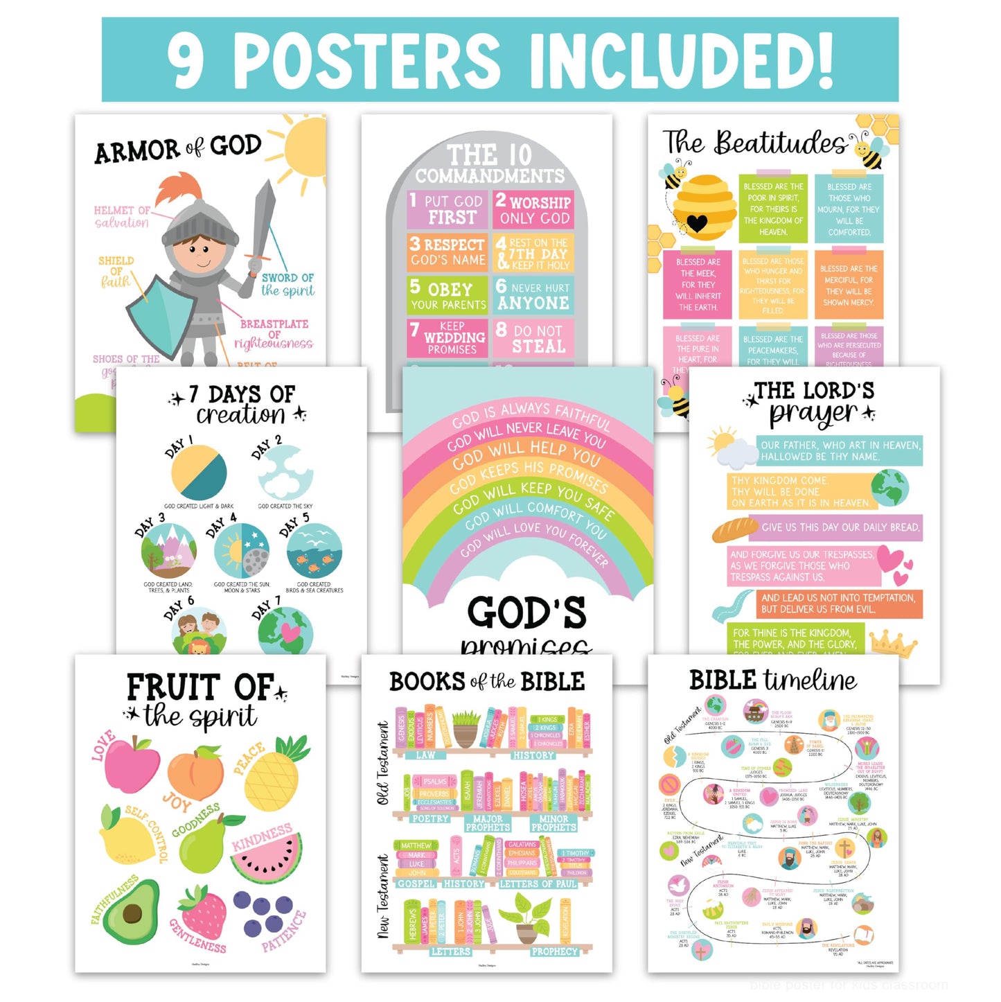 Hadley Designs Sunday School Decorations for Classroom –9 Bible Posters for Kids, Books of the Bible, 10 Commandments, Bible Timeline Chart, Fruits of the Spirit, Pastel Christian Classroom Decor