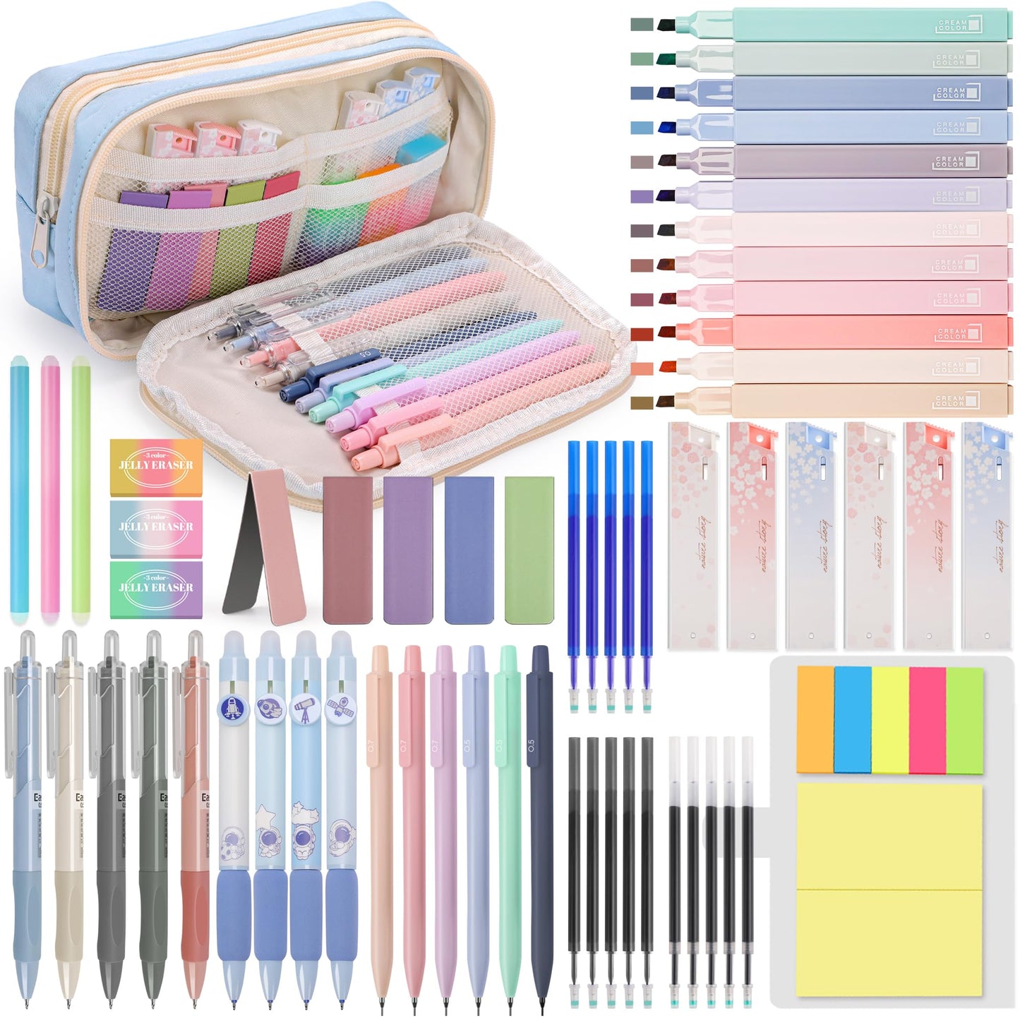 DazSpirit 61 PCS Aesthetic School Supplies Set with Cute Pencil Case, Pastel No Bleed Highlighters, Gel Pens, Erasable Pens, Mechanical Pencils, Refills, Sticky Notes, Complete Stationery Kit