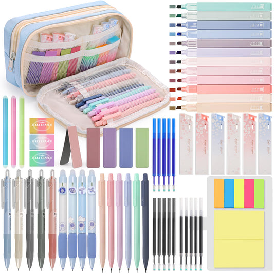 DazSpirit 61 PCS Aesthetic School Supplies Set with Cute Pencil Case, Pastel No Bleed Highlighters, Gel Pens, Erasable Pens, Mechanical Pencils, Refills, Sticky Notes, Complete Stationery Kit
