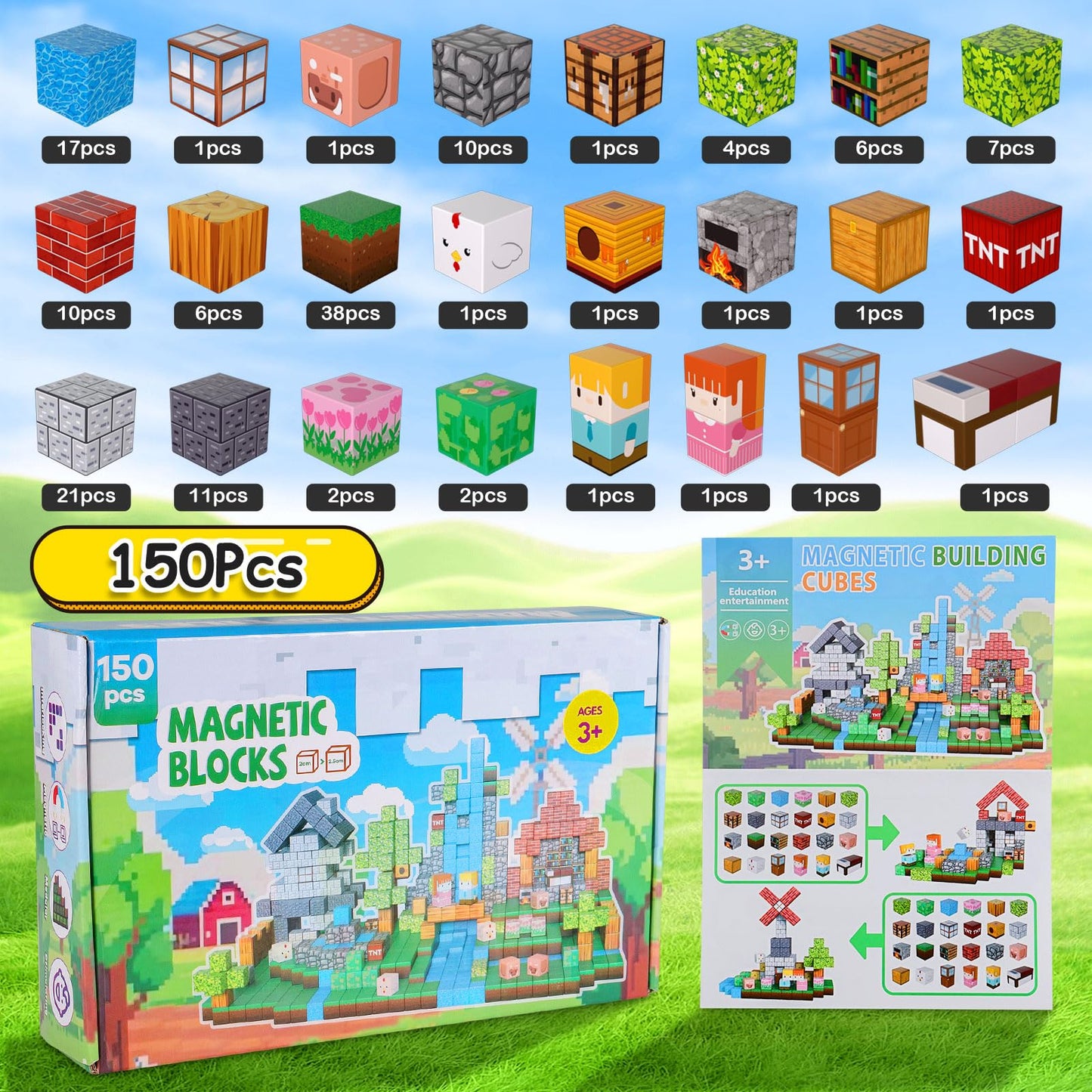 KIMPOK 150PCS Magnetic Building Blocks, 1 Inch Magnetic Cubes for Kids Ages 3-8, STEM Montessori Toys, Creative Construction & Stacking Toys, Educational Magnetic Blocks for Boys & Girls