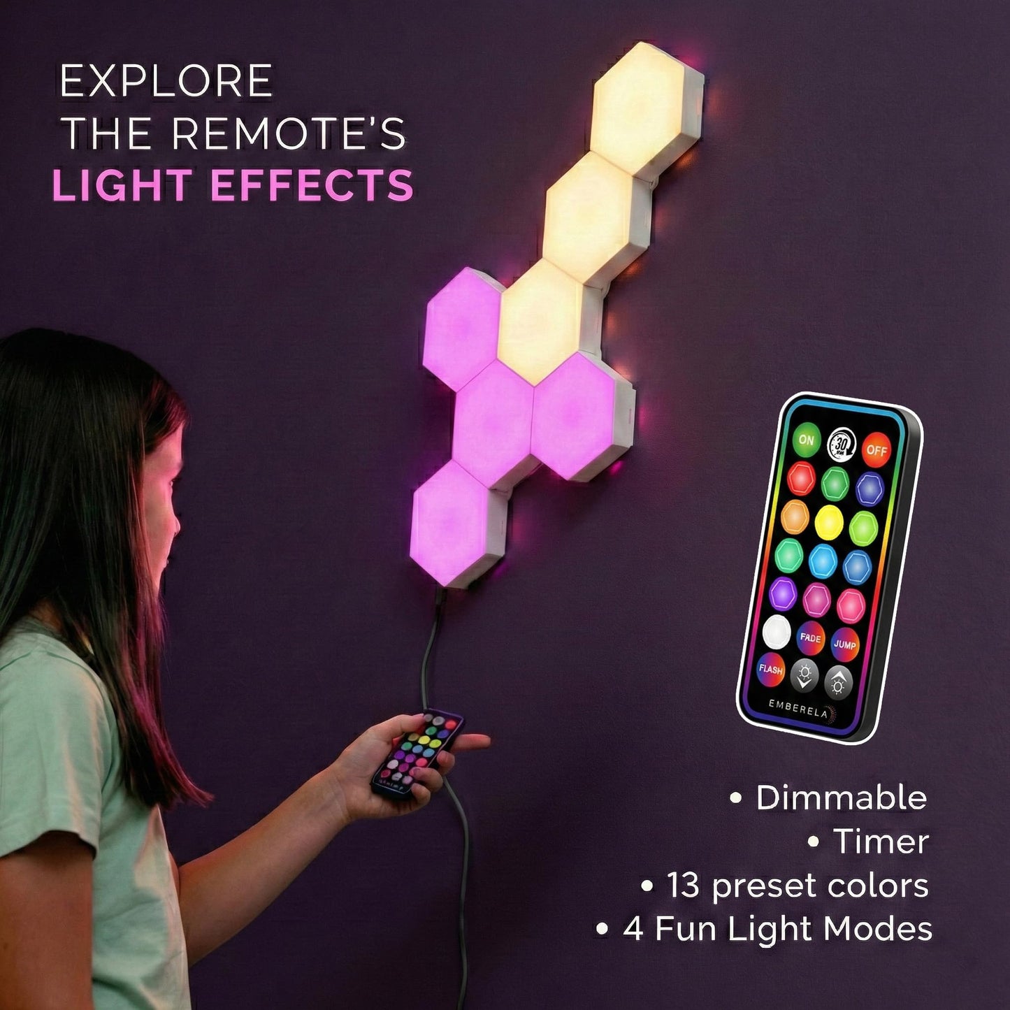 Emberela HEXlights Sensory Lights for Kids - 7pk Touch Hexagon Lights, Remote Controlled - Autism-Friendly Tap Tap Wall LED Panels for Sensory Room - Table Stand Included