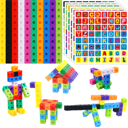 100 Math Linking Cubes, Math Cubes with 384 Reusable Stickers-Letters, Numbers, Shapes, Manipulative Geometric Connecting and Counting Blocks, Educational Toy for Kids Math Learning and Fun Activities