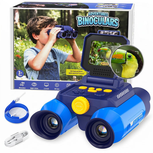 OAEBLLE Kids Binoculars with Night Vision Camera, 10X Zoom Digital Adventures Telescope with 2.4" IPS Screen, Nature Explorer STEM Toys for Bird Watching Camping, Gifts for Boys Girls Age 4-12 - Blue