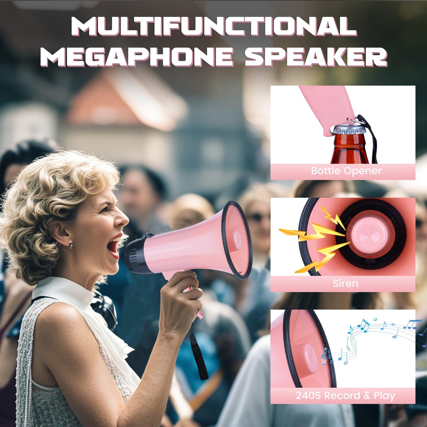 MyMealivos 20W Megaphone Bullhorn, Built in Siren & 240s Recording, 5.4"×8.6" Portable Megaphone with Volume Control Cover Up to 300 feet+ for Indoor and Outdoor Activities(Pink)