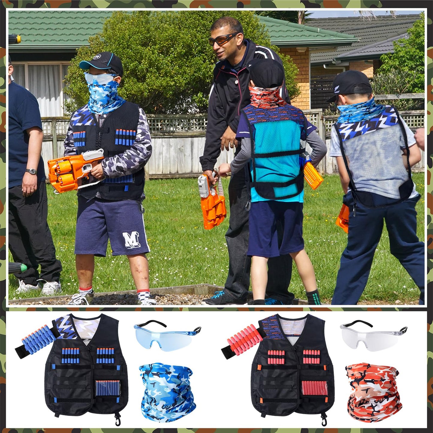 Sosation 12 Sets Tactical Vest Compatible with Nerf Party Favor Accessories, Face Mask Wrist Ammo Holder Toy Gift Supplies (Orange and Blue)