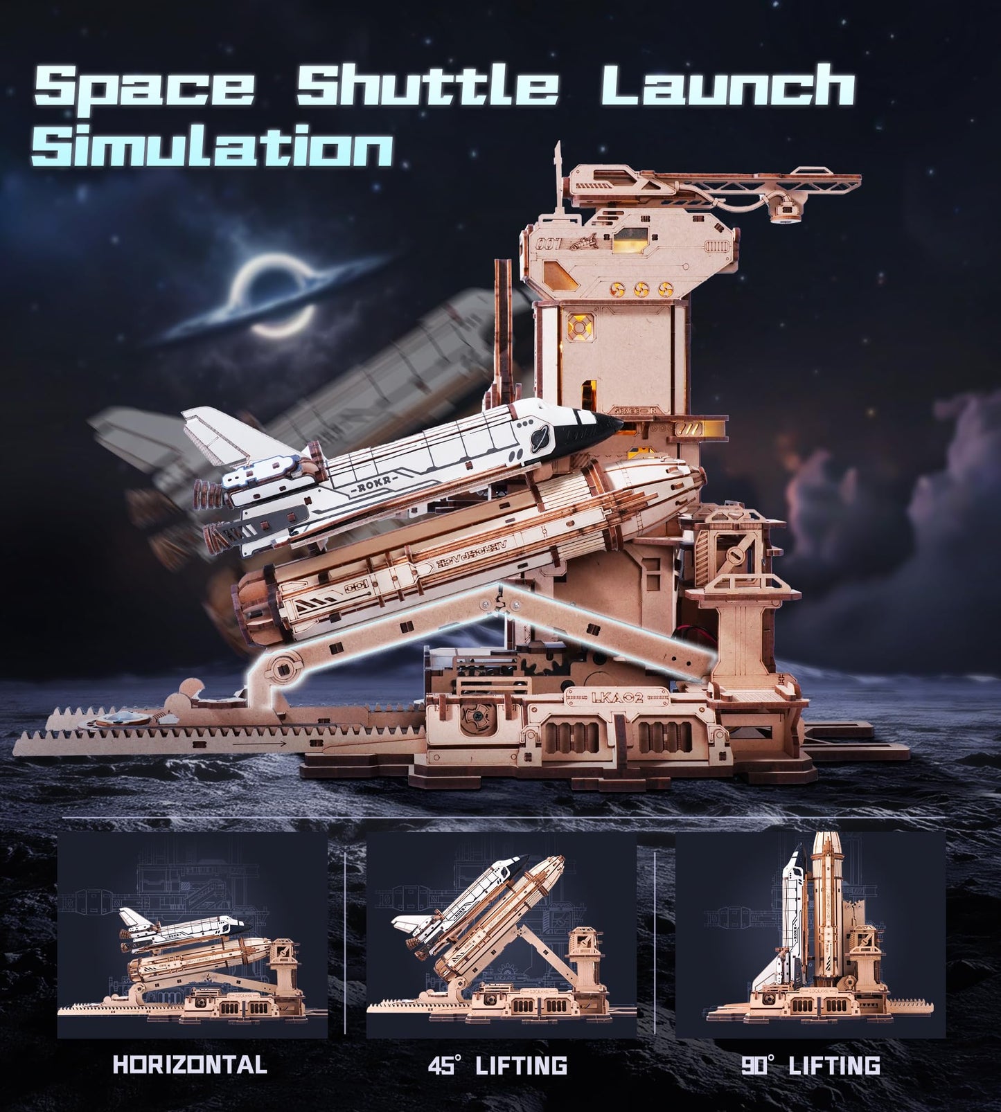 ROKR 3D Puzzles Space Shuttle-Dynamic Launch Base with Motorized Lift, LED Light Effects, 1:420 Scale Collectible Building Kit