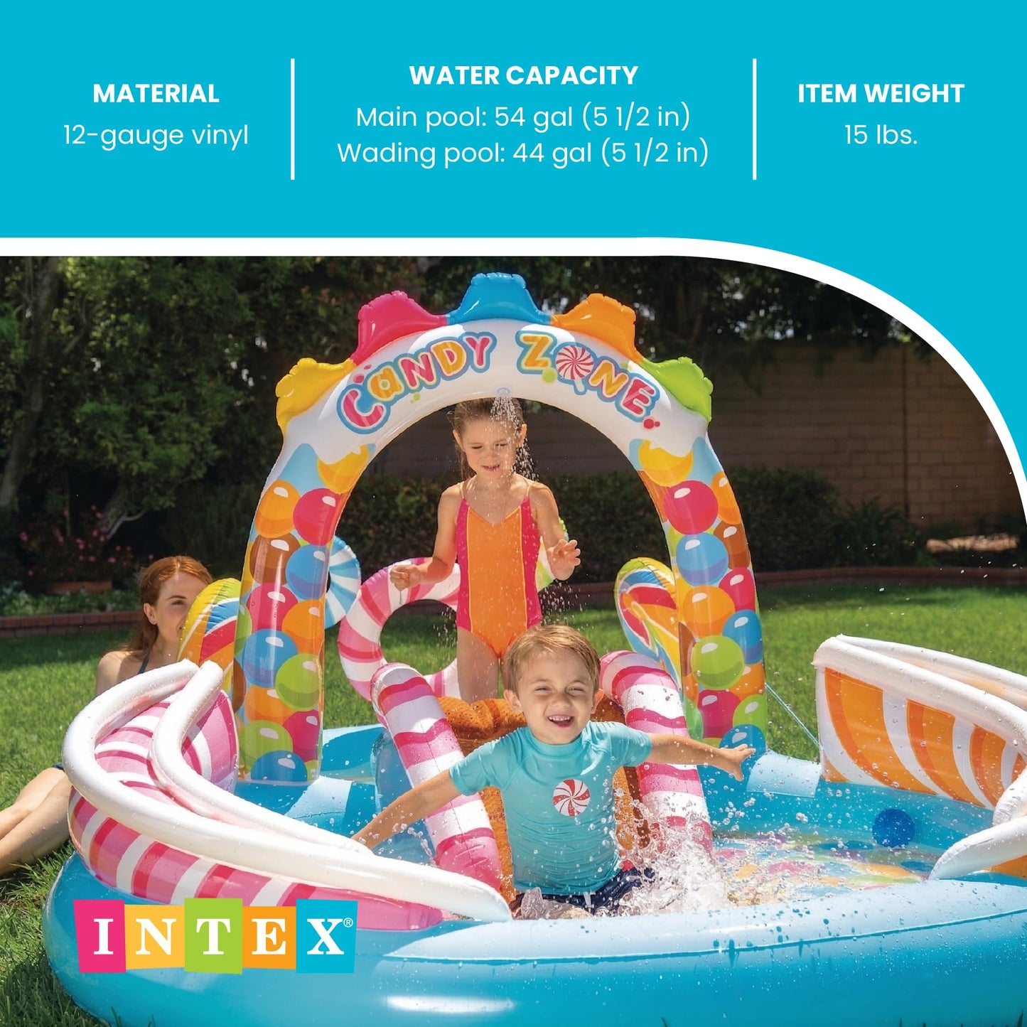 INTEX Candy Zone Inflatable Kiddie Pool: Inflatable Kids Pool with Water Sprayer and Slide – Splash Pad – 116" x 75" x 51" – Ages 3+