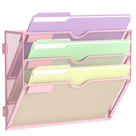 SUPEASY 3 Tier Wall File Organizer, Hanging Wall Mounted Mail Organizer with Label Slots, Metal Mesh File Holder Magazine Rack for Office, Home, School, Pink