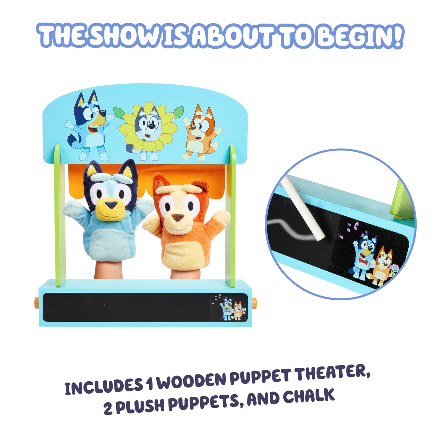 Bluey Wooden Puppet Theater for Kids Playset, 20" Kids Pretend Stage Puppets, Interchangeable Fabric Backdrops & Roll-Down Curtain