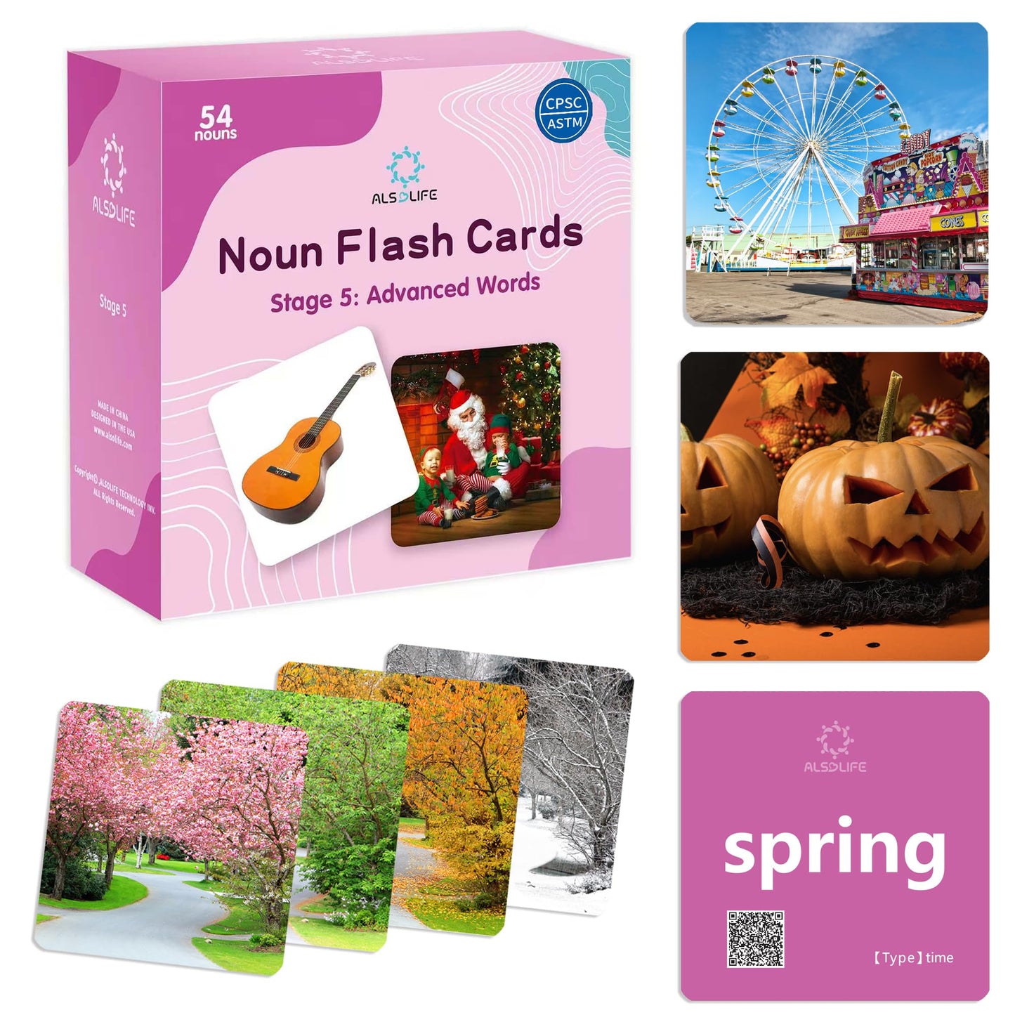 ALSOLIFE 54 Advanced Word Noun Flash Cards for Kids 3-5, Vocabulary Cards with Pictures, | Toddler Flash Cards for Learning English Words| Seasons flashcards| ABA Therapy & Speech Therapy Materials
