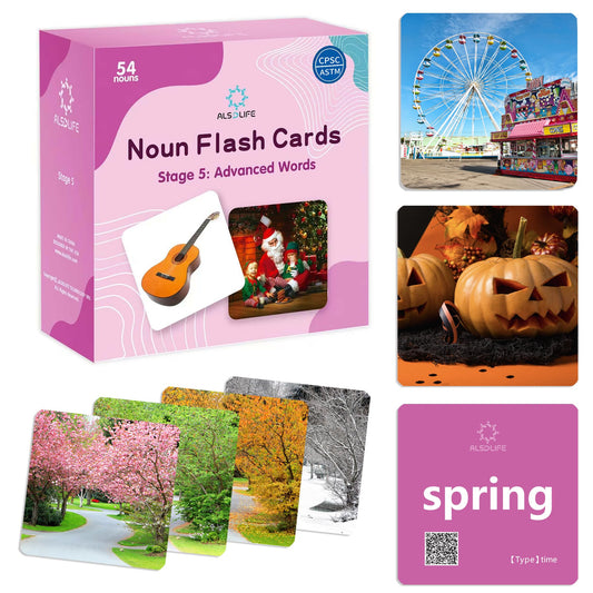 ALSOLIFE 54 Advanced Word Noun Flash Cards for Kids 3-5, Vocabulary Cards with Pictures, | Toddler Flash Cards for Learning English Words| Seasons flashcards| ABA Therapy & Speech Therapy Materials