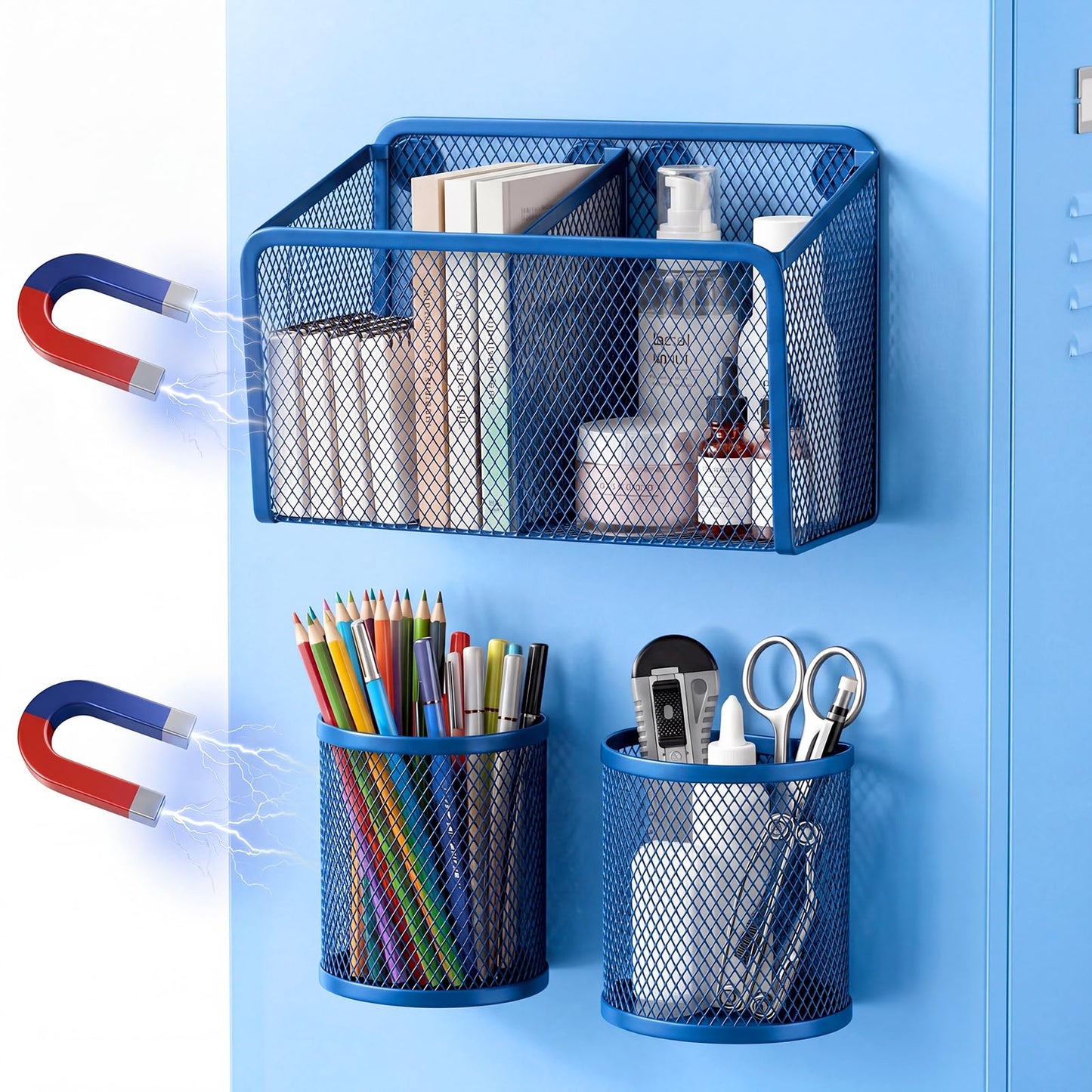 Marspark 3 Pcs Magnetic Pen Holder Set Metal Pencil Holder with Strong Magnets Wire Mesh Storage Basket Organizer for Locker Accessories Whiteboard Refrigerator School Office Dorm(Blue)