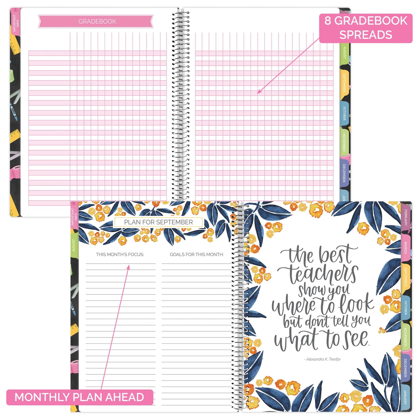 bloom daily planners Undated Academic Year Teacher Planner & Calendar - 7 Period Lesson Plan Organizer Book with Frosted Protective Cover (9" x 11") - Chalkboard