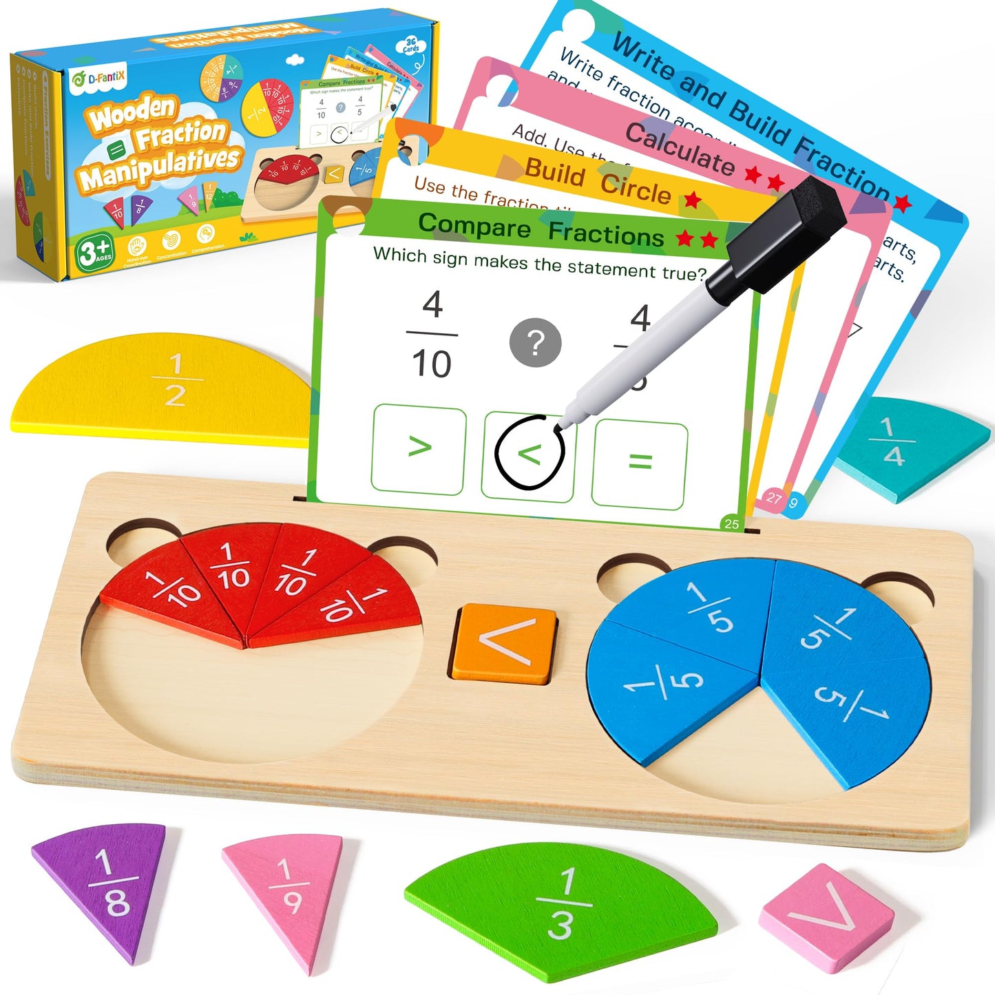 D-FantiX Wooden Fraction Educational Puzzle, Wood Fraction Tiles & Fraction Circles Set, Math Manipulatives for Elementary School, Montessori Fraction Manipulatives Games Learning Toys for Kids