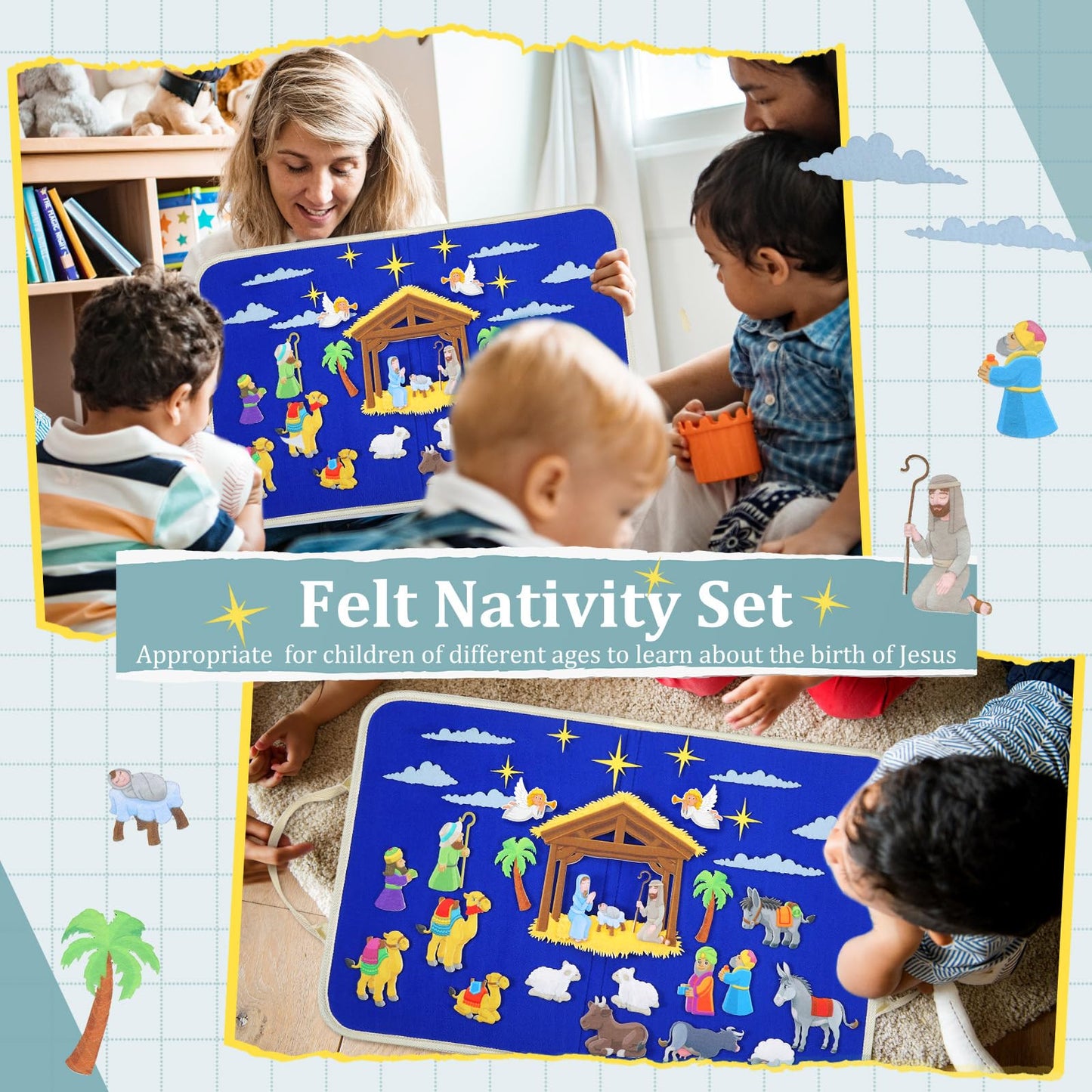 Yilloog Nativity Bible Felt Board Jesus Birth Felt Story Board Set Stories for Preschool, 32 Pcs Birth of Jesus Figures Nativity Stories Kit for Toddler Classroom Storytelling Activity(Classic Style)