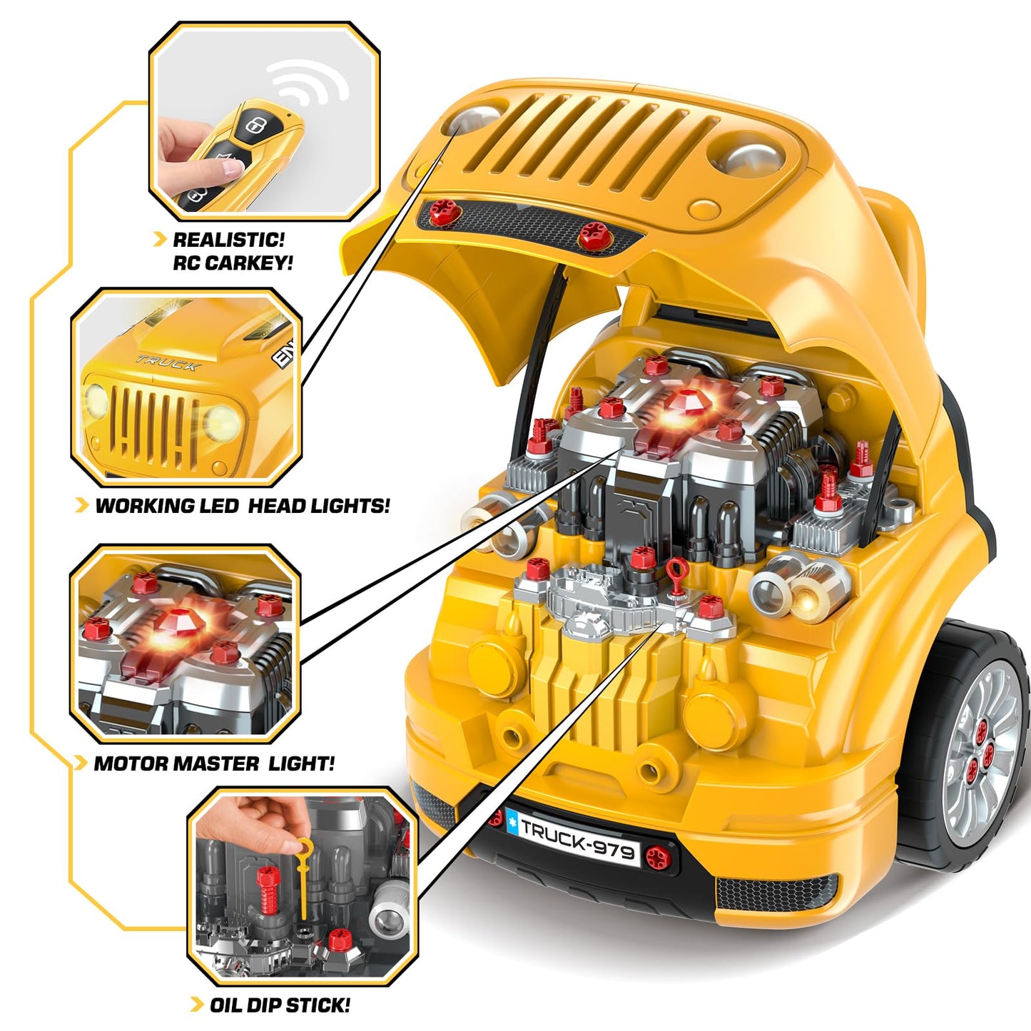 SpringFlower Toys Gifts for 3 4 5 6 7 8 Years Old Boys, Large Truck Engine, Mechanic Repair Set for Kids, Big Truck Builder Kit, Take Apart Motor Vehicle Play Car Service Station, for Kids