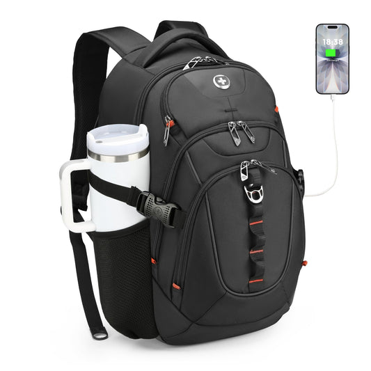 Swissdigital Design Laptop Backpack with USB Charging Port, Travel Backpack Fits 15.6 inches Computer, 31L College School Backpack for Men, Black | SD803-01