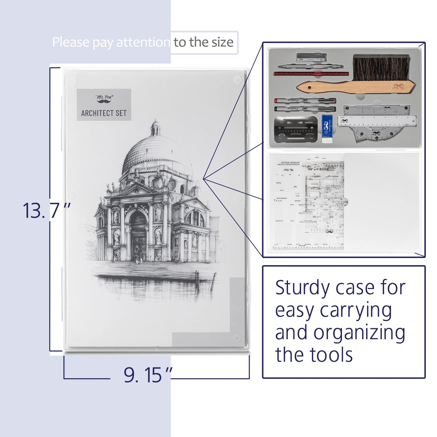 Mr. Pen- Professional Drafting Tools & Geometry Set with Case, 17 pcs, Mechanical Pencil, Fineliners, Scale Metal Ruler, Drawing Templates for Interior Design House Plan, Architect Protractor Set